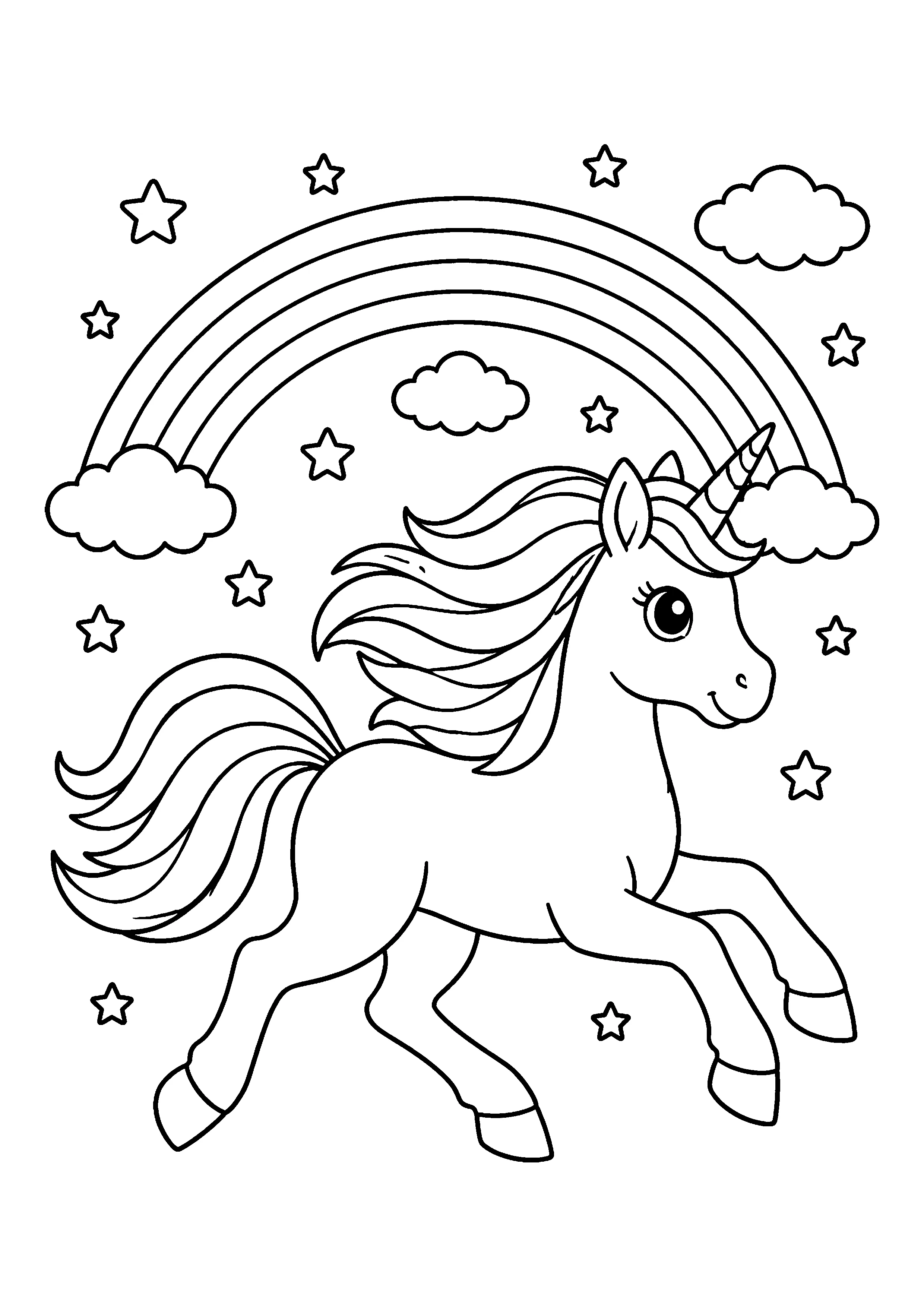 Unicorn with rainbow coloring page, printable line art
