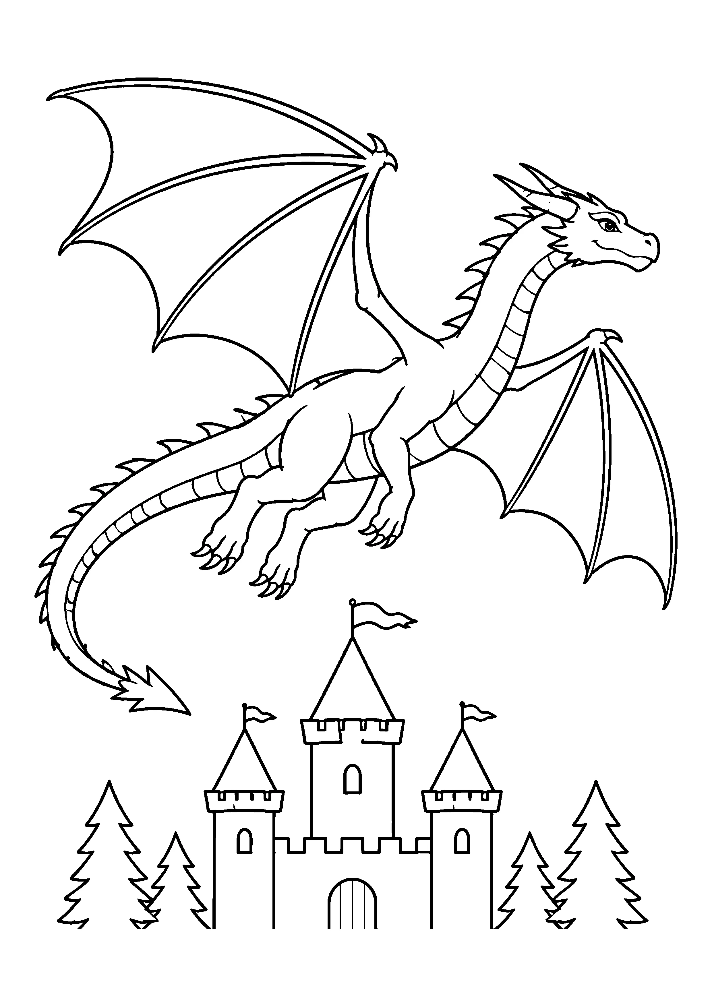 Dragon flying over castle towers coloring page, printable line art