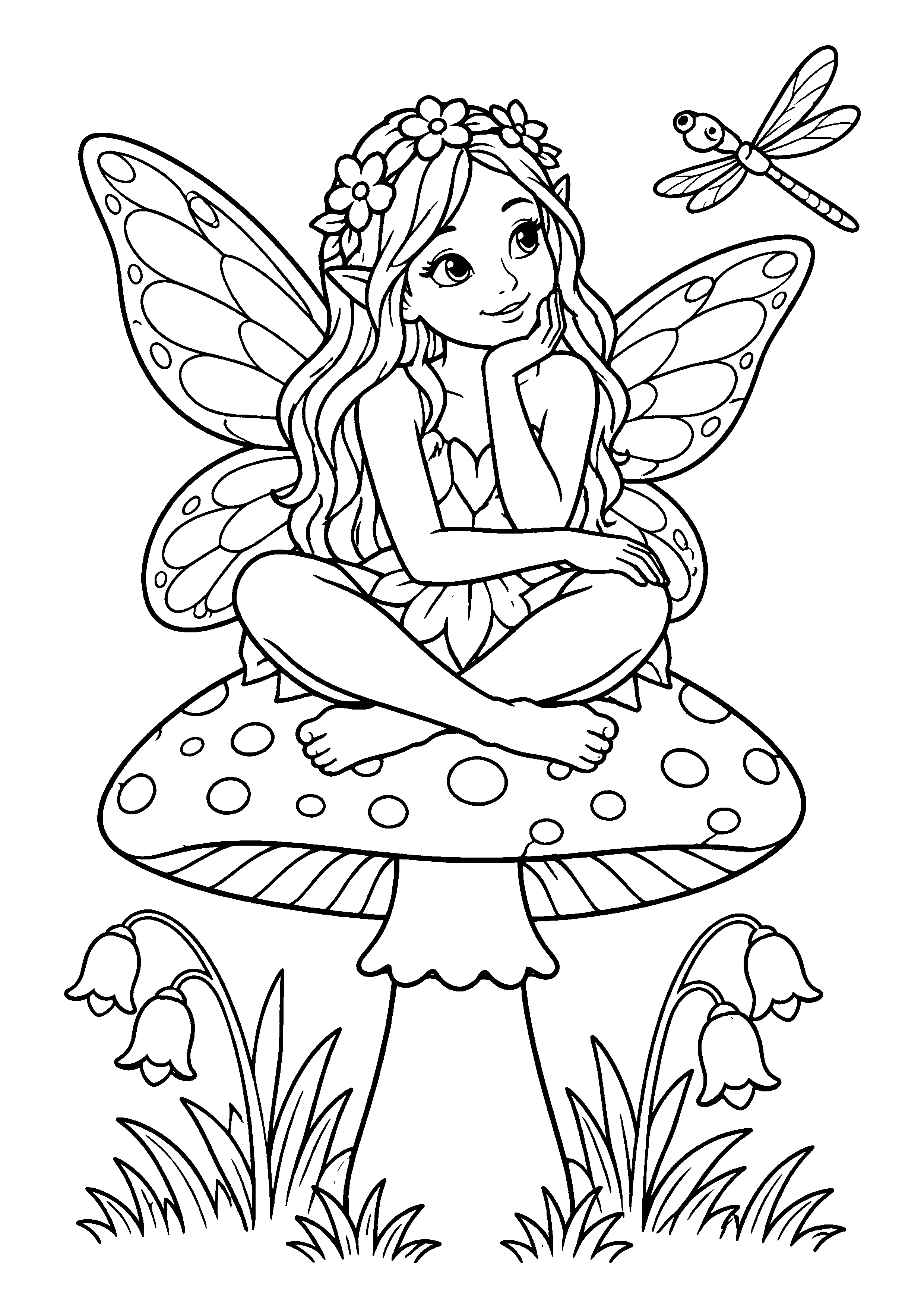 Cute fairy on mushroom coloring page, printable line art