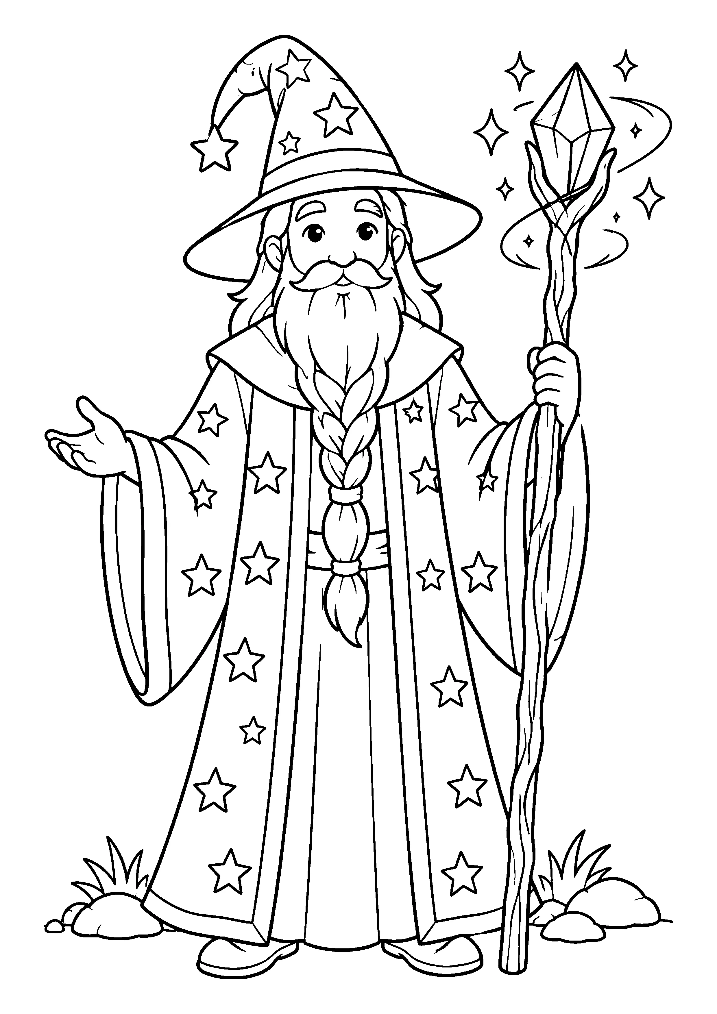 Wizard with crystal staff coloring page, printable line art