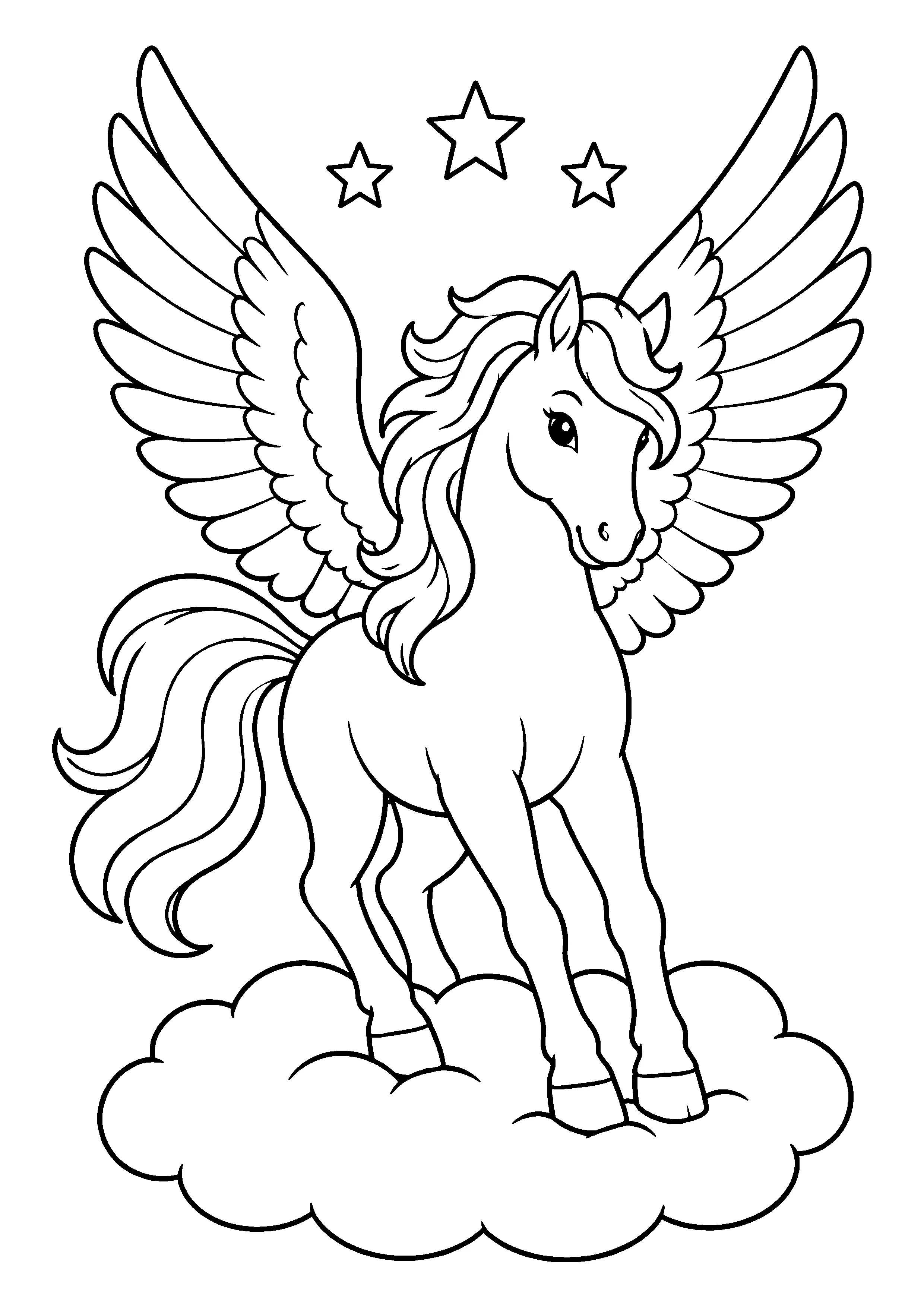 Pegasus landing on cloud coloring page, printable line art