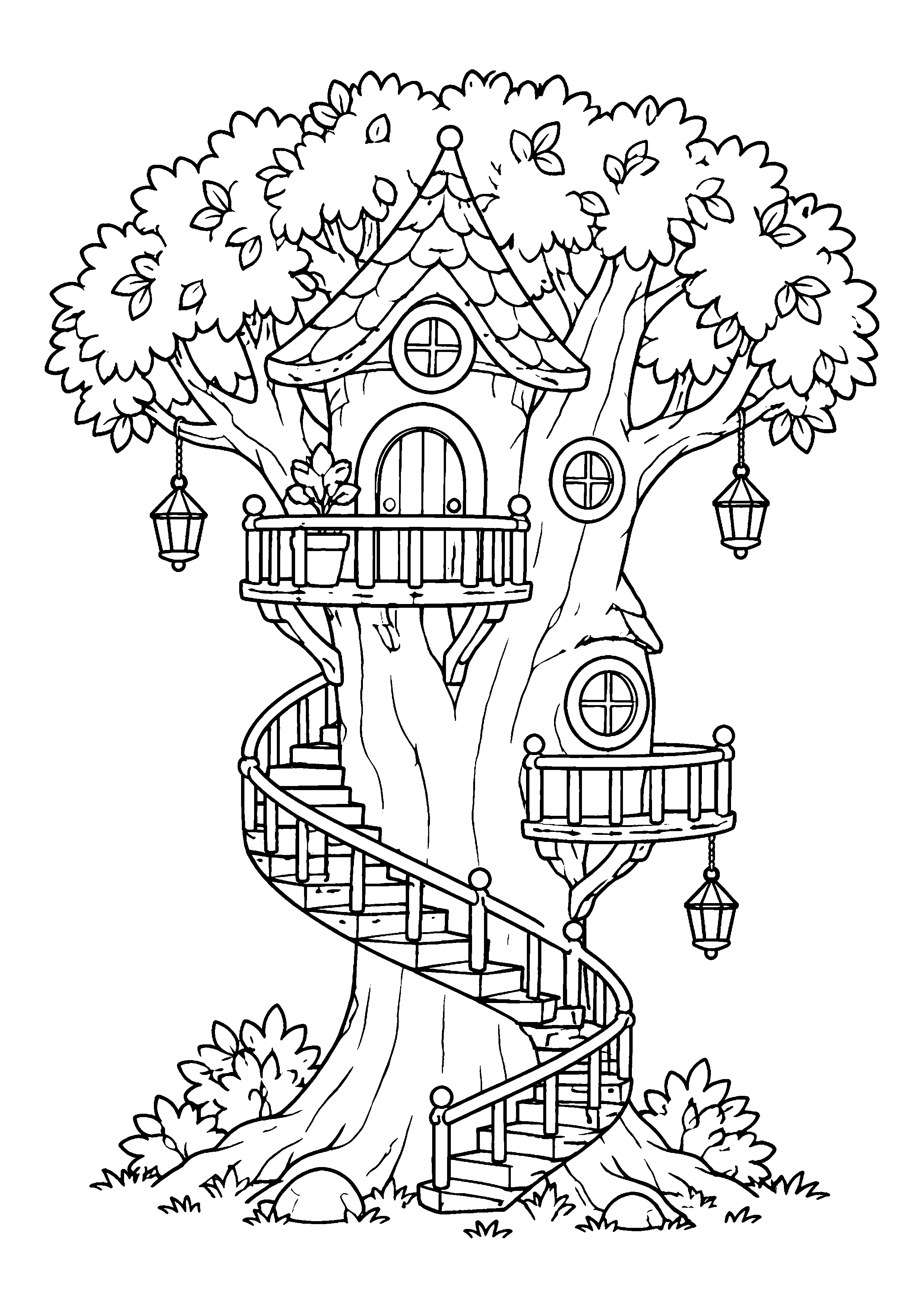 Treehouse with spiral staircase coloring page, printable line art