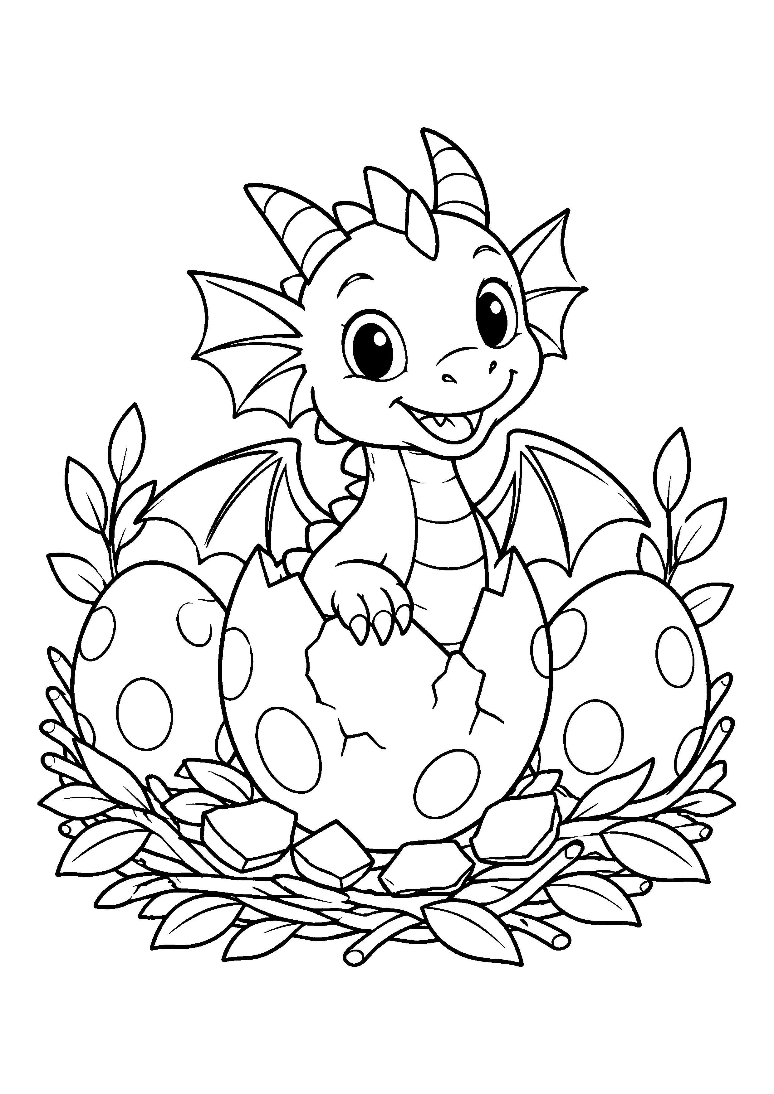 Baby dragon hatching from egg coloring page, printable line art