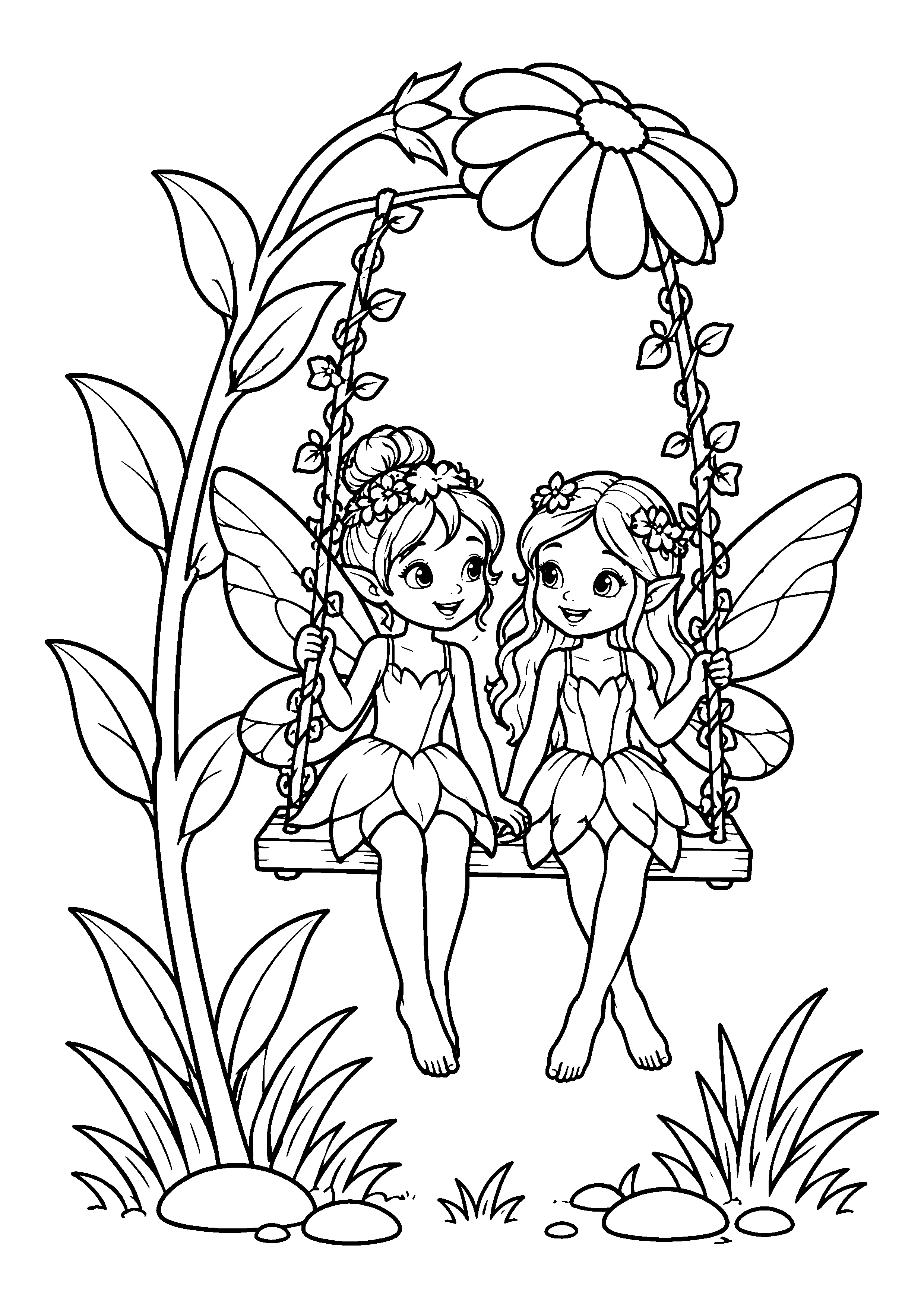 Two fairies on swing coloring page, printable line art
