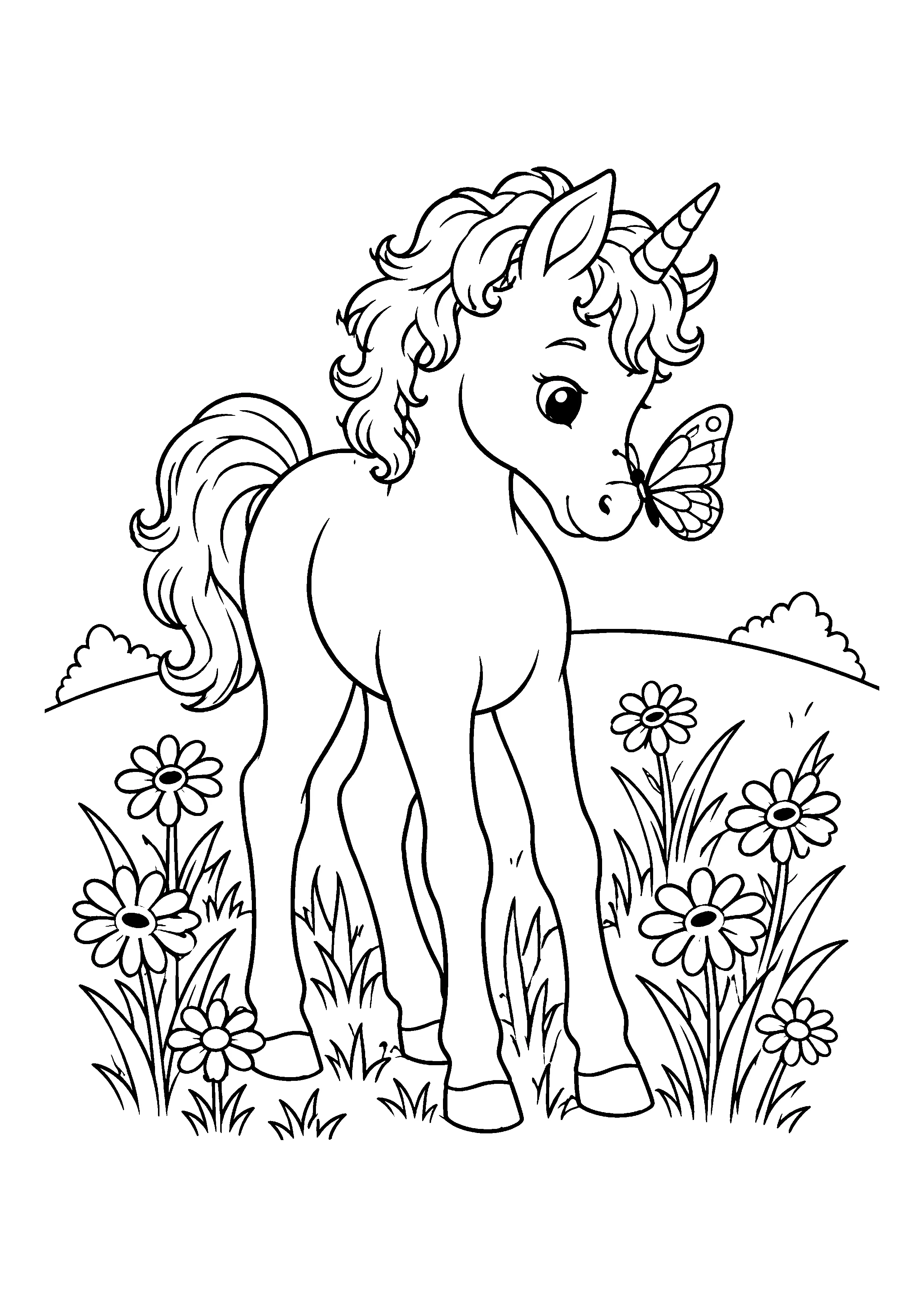 Unicorn foal with butterfly coloring page, printable line art