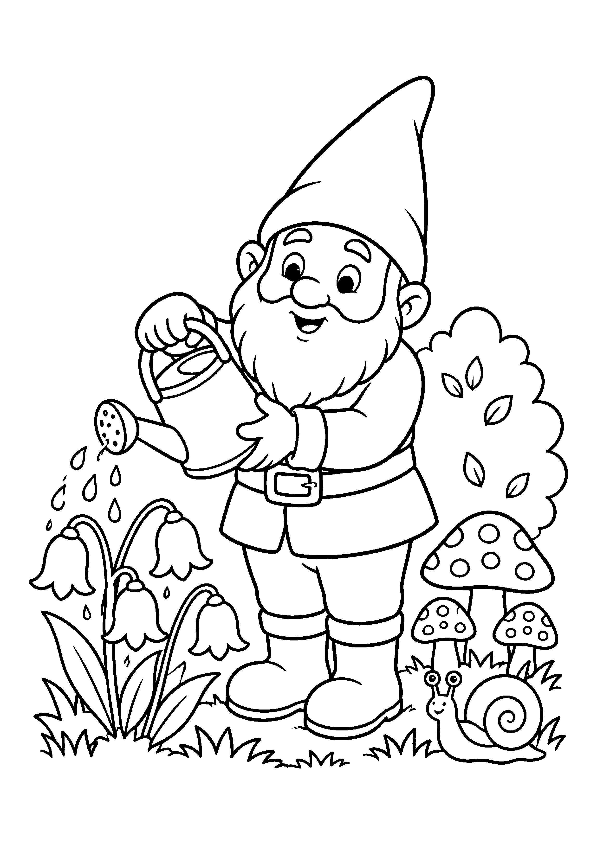 Garden gnome watering bell flowers coloring page, printable line art