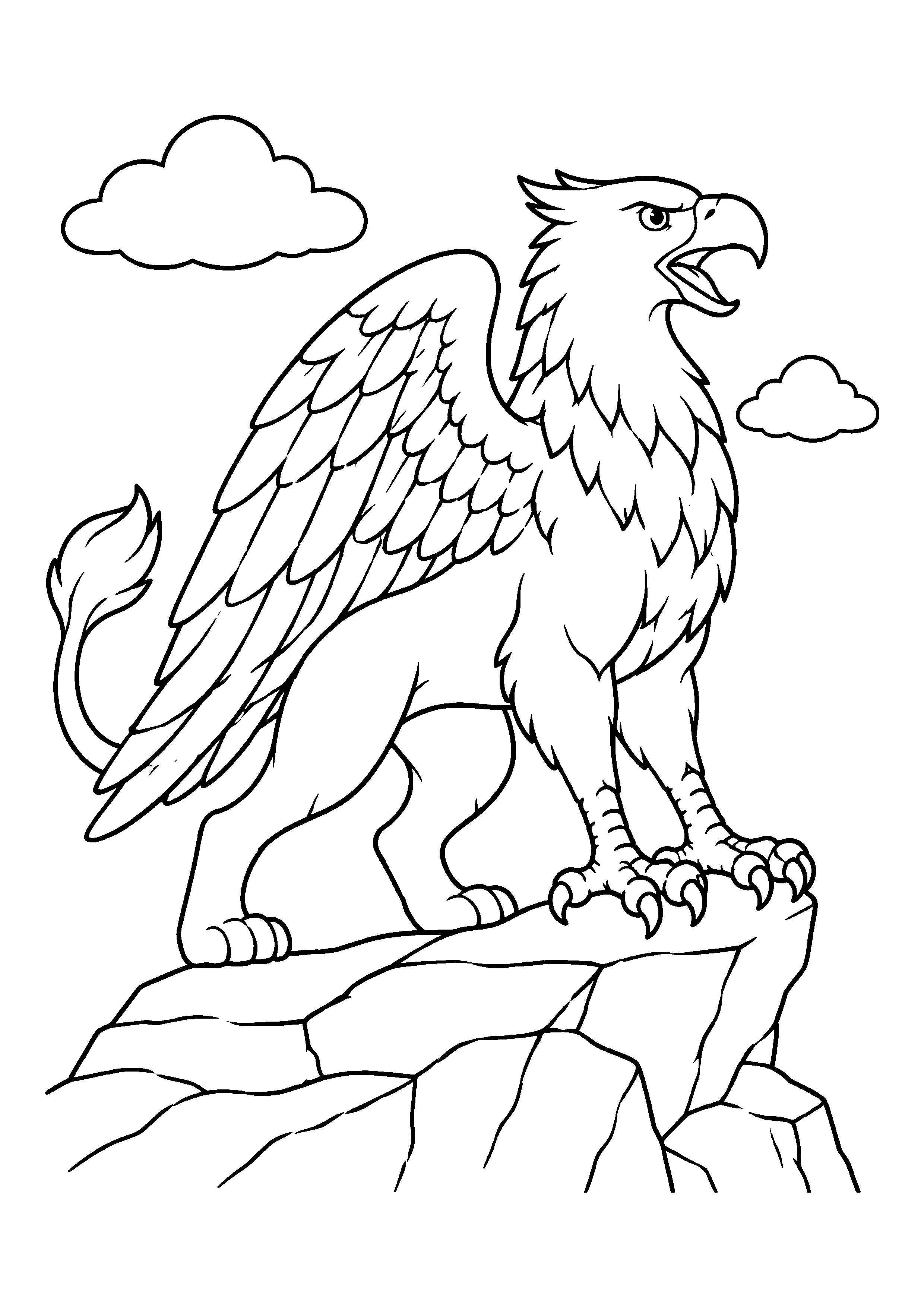 Griffin on cliff edge coloring page, printable line art