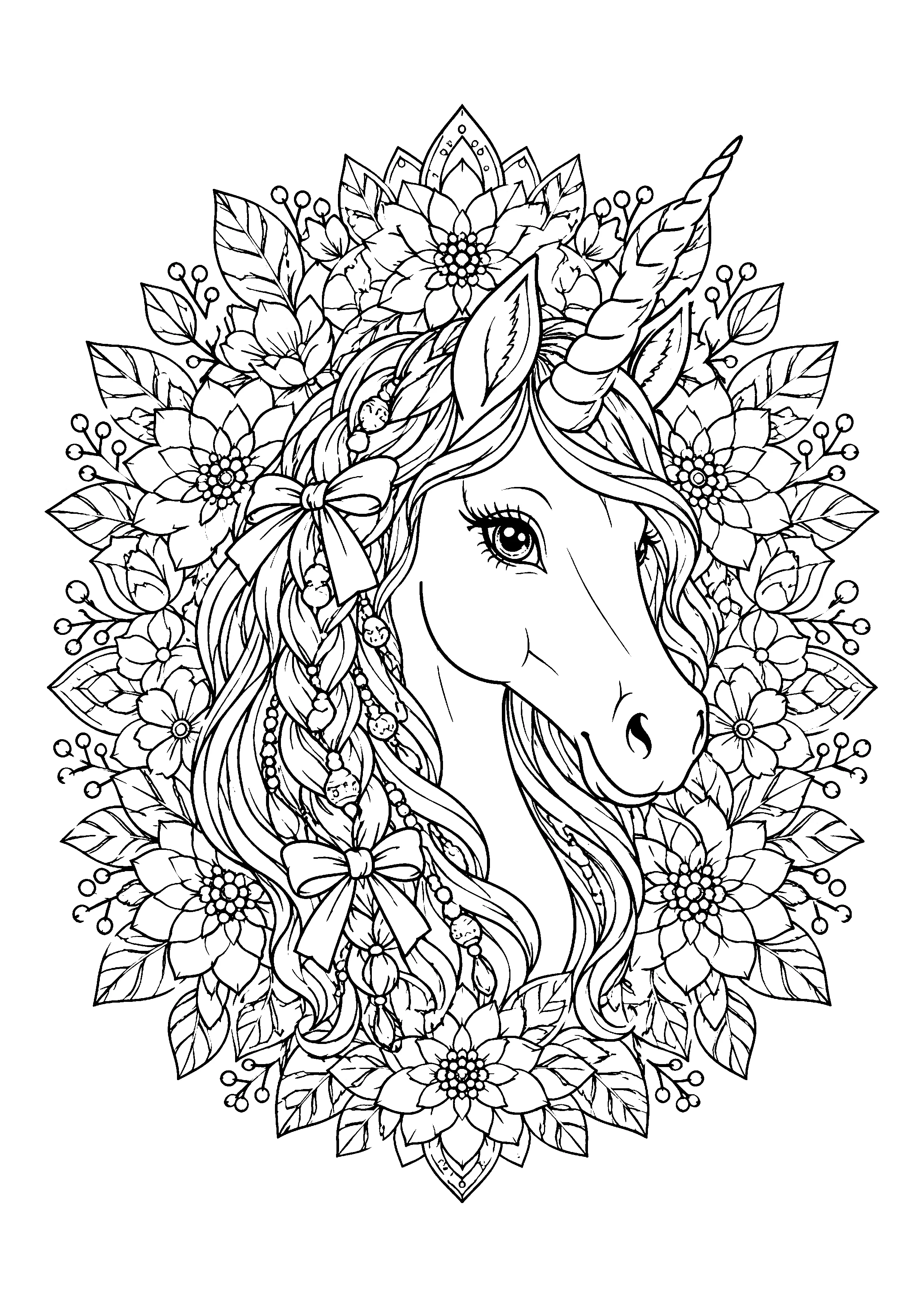 Unicorn with flower mandala coloring page, printable line art