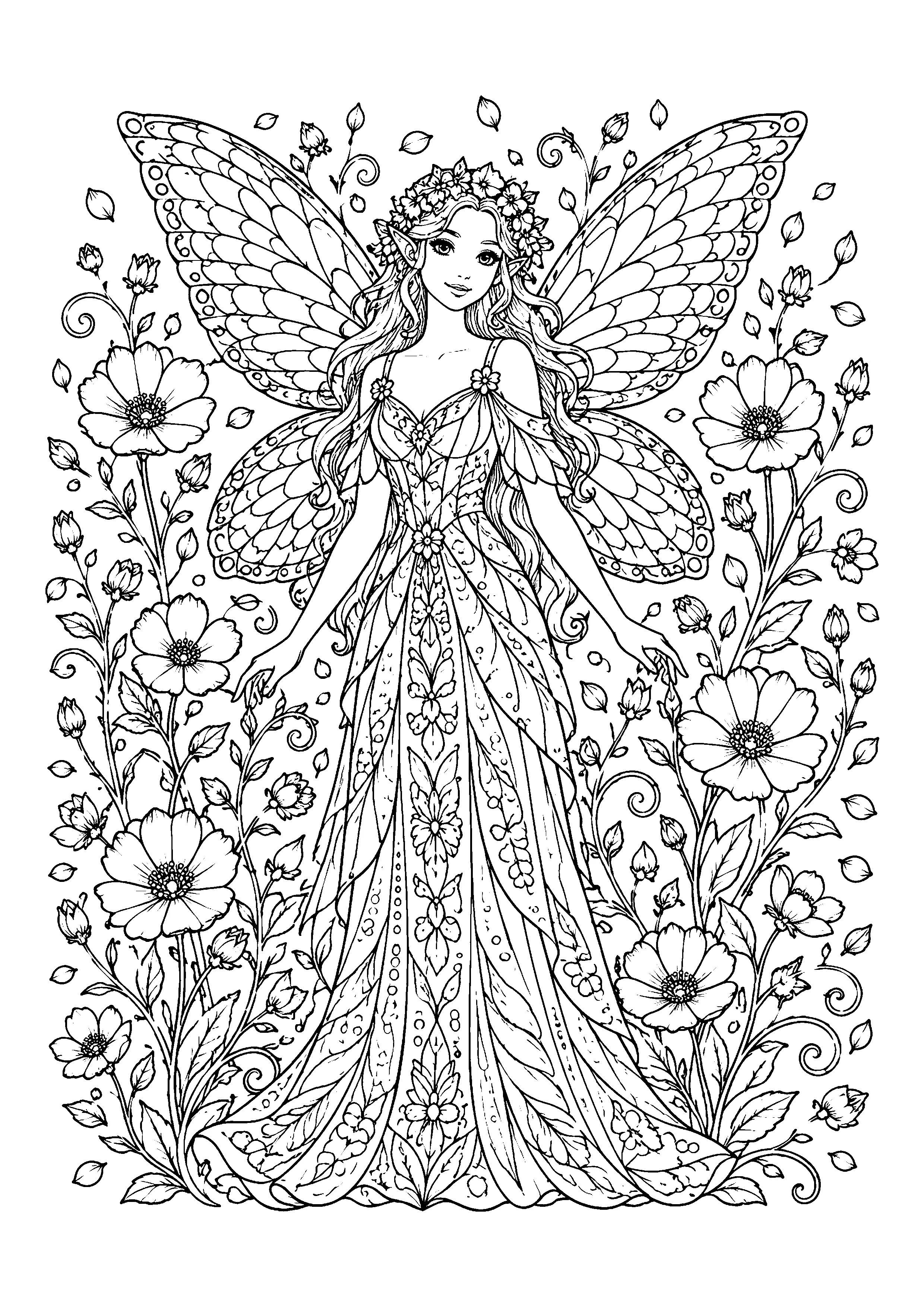 Fairy in blossom garden coloring page, printable line art