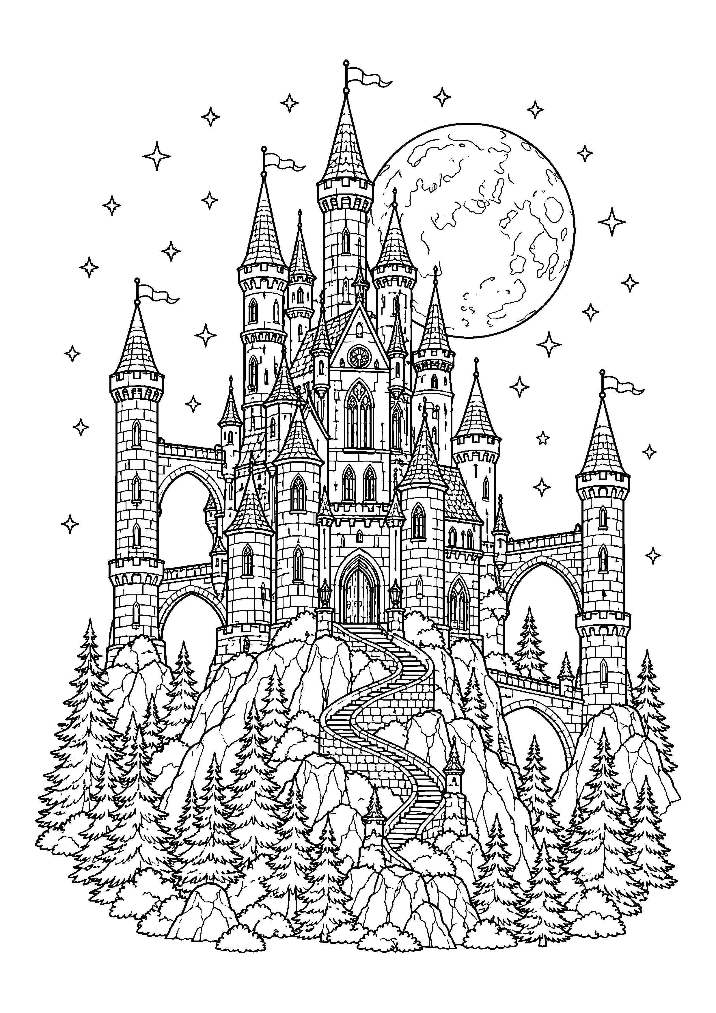 Enchanted castle under full moon coloring page, printable line art