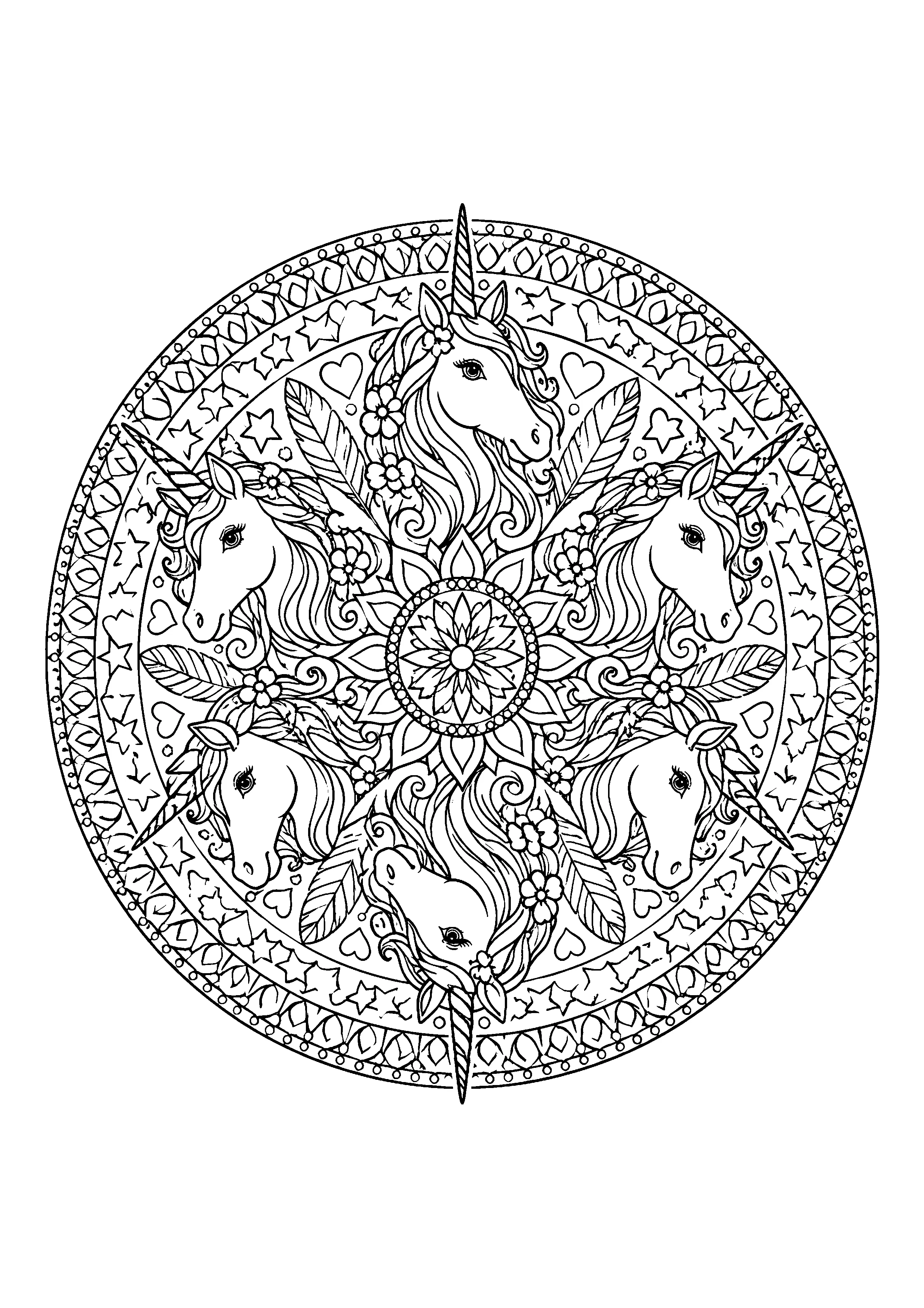 Six unicorn mandala coloring page, printable line art