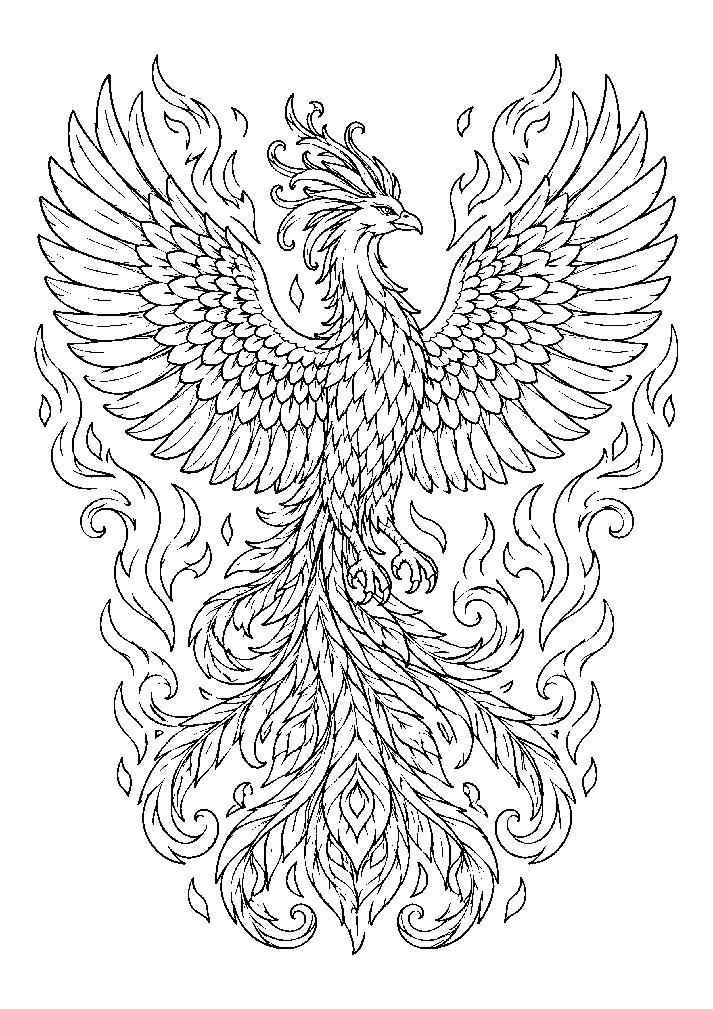 Phoenix with spread wings coloring page, printable line art