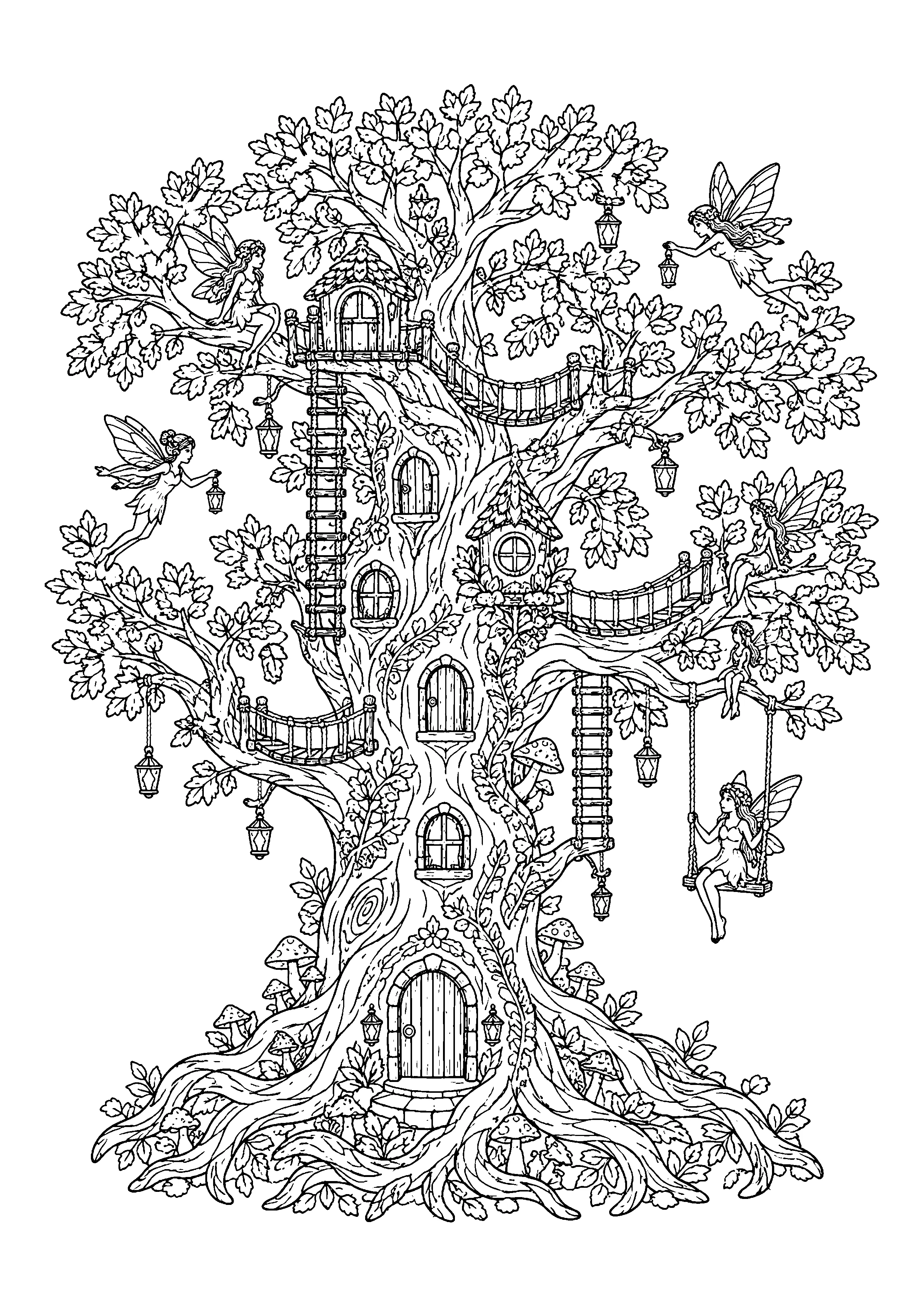 Enchanted forest fairy tree coloring page, printable line art