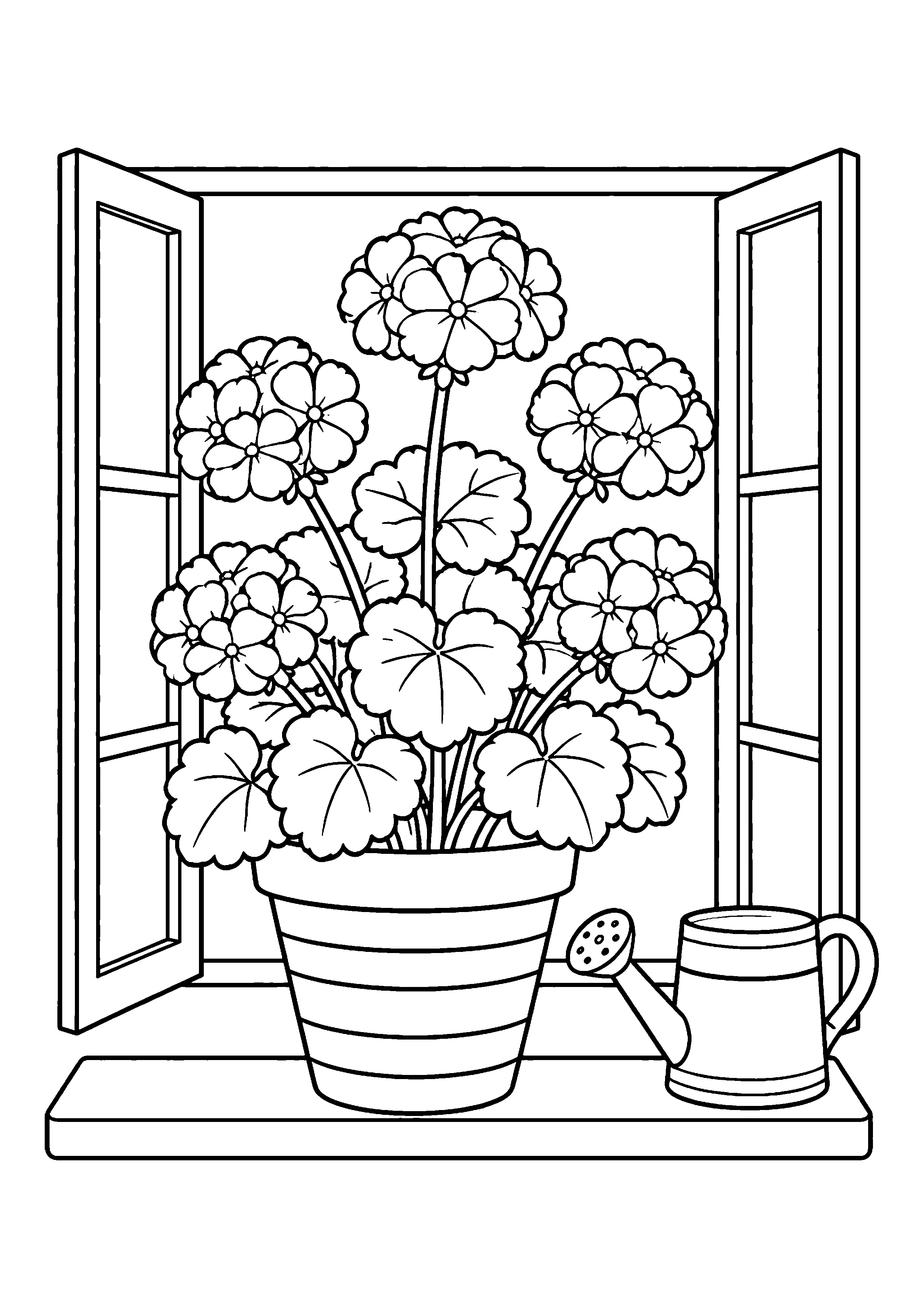 Flowering geranium on windowsill coloring page, printable line art