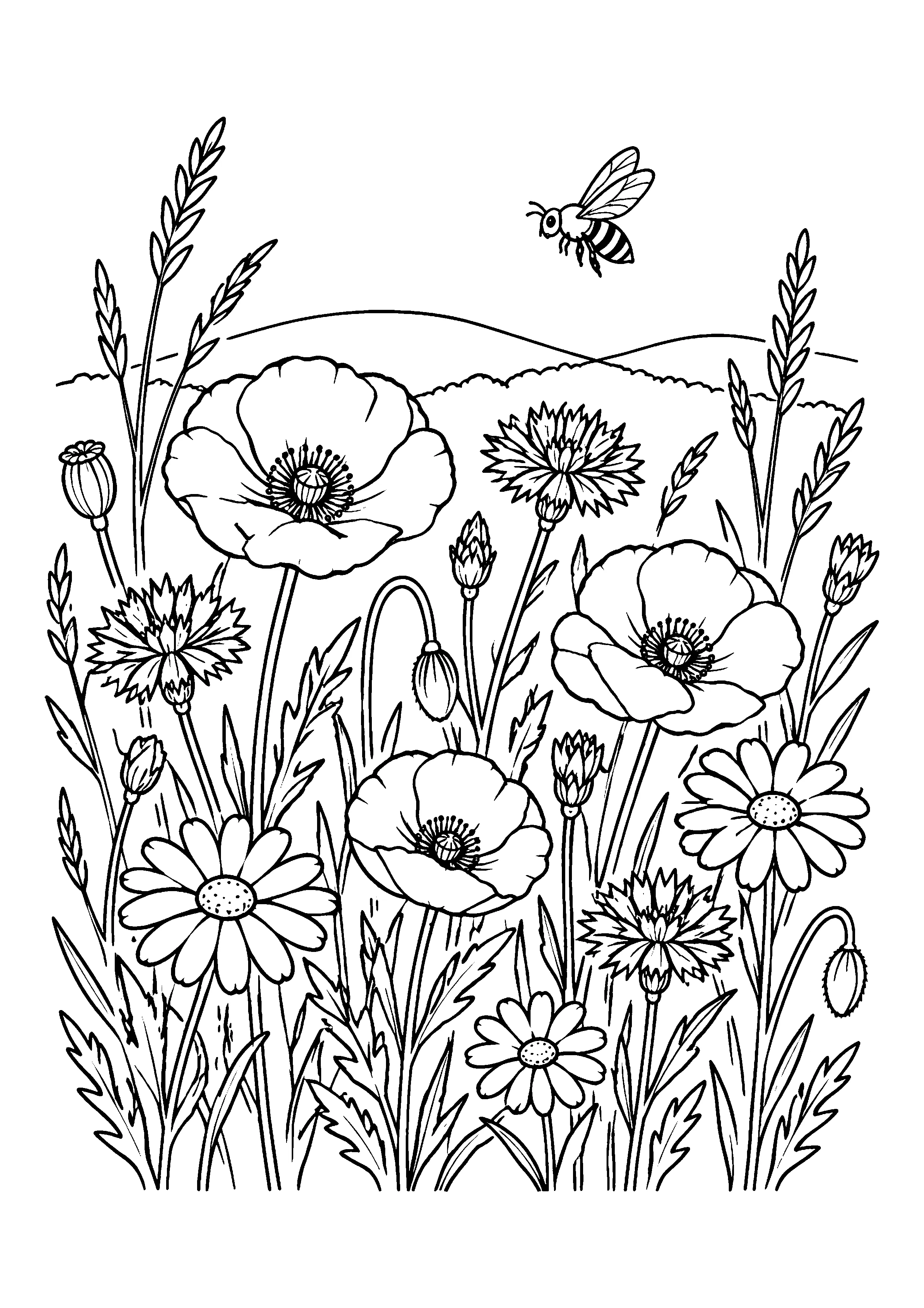 Wildflower meadow with bee coloring page, printable line art