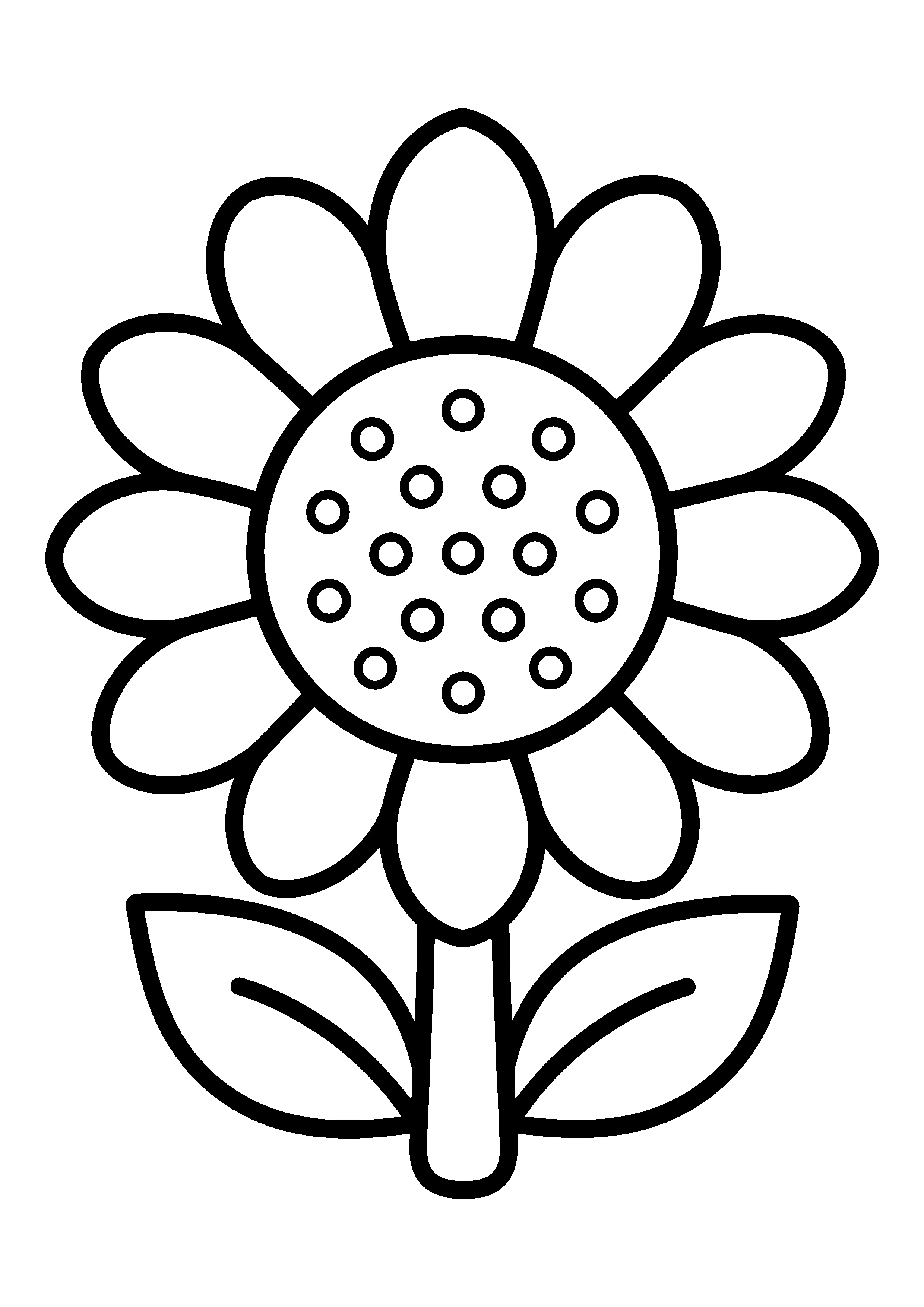 Sunflower with two leaves coloring page, printable line art