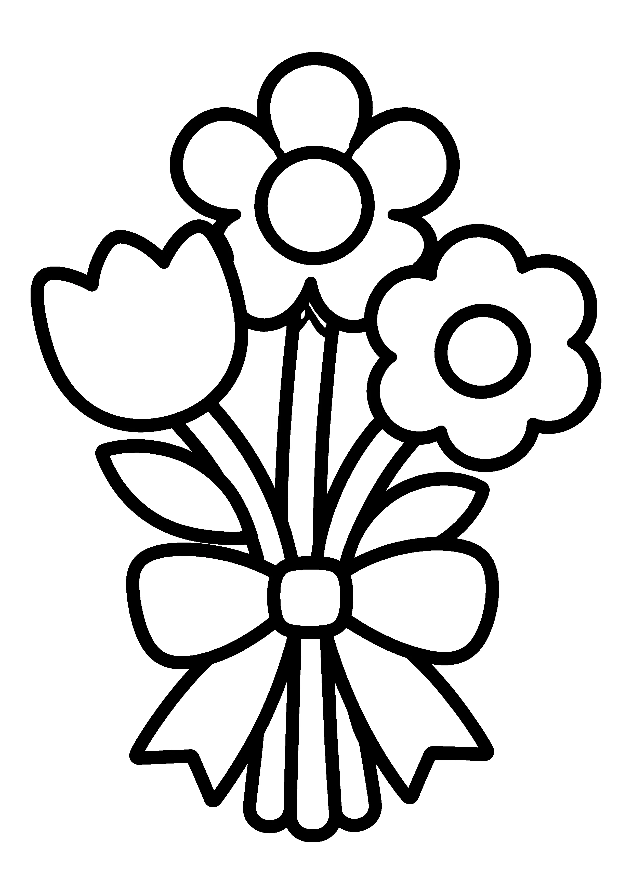 Three flowers with bow coloring page, printable line art