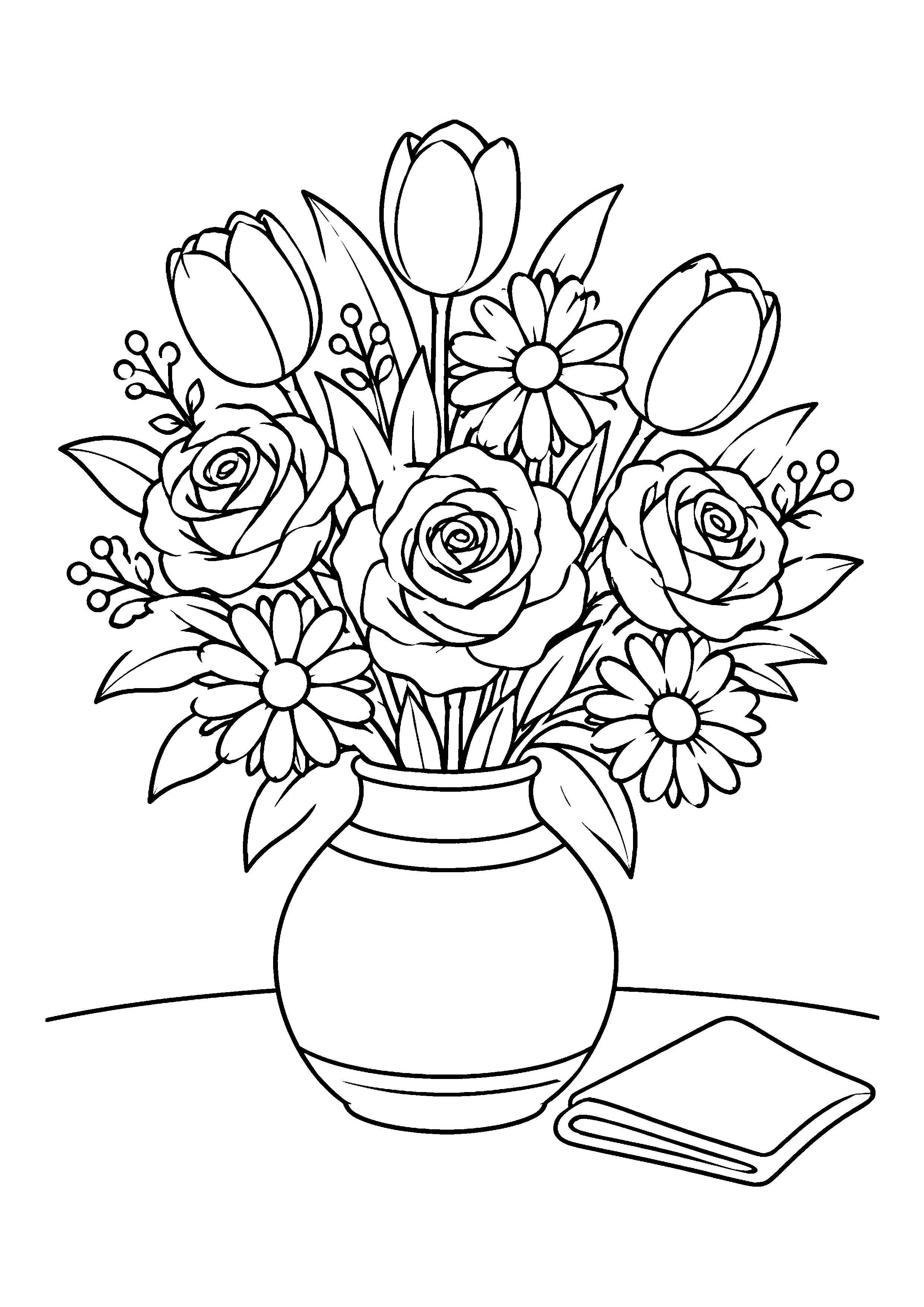 Rose tulip daisy bouquet coloring page, printable line art