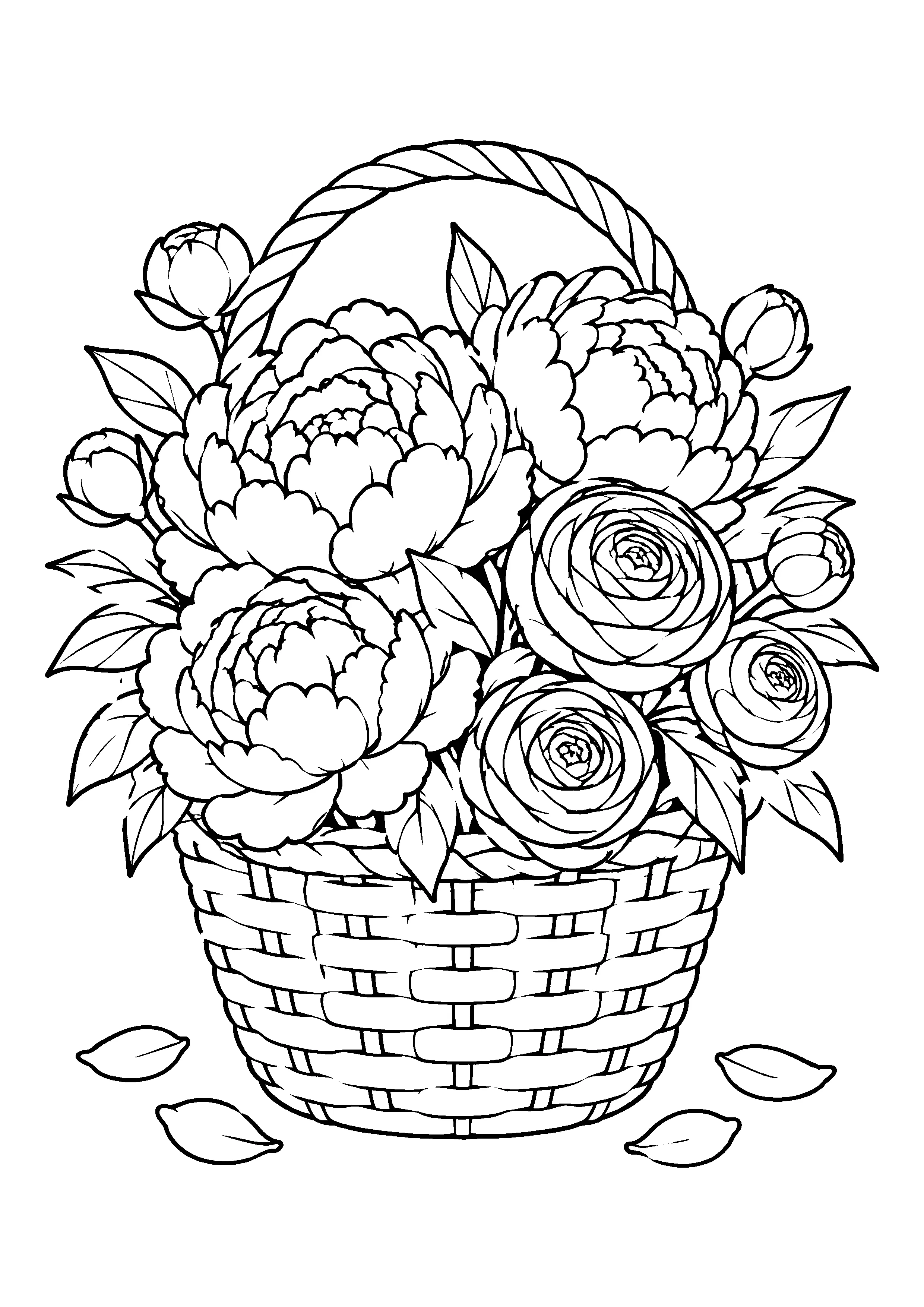 Basket with peonies and ranunculus coloring page, printable line art