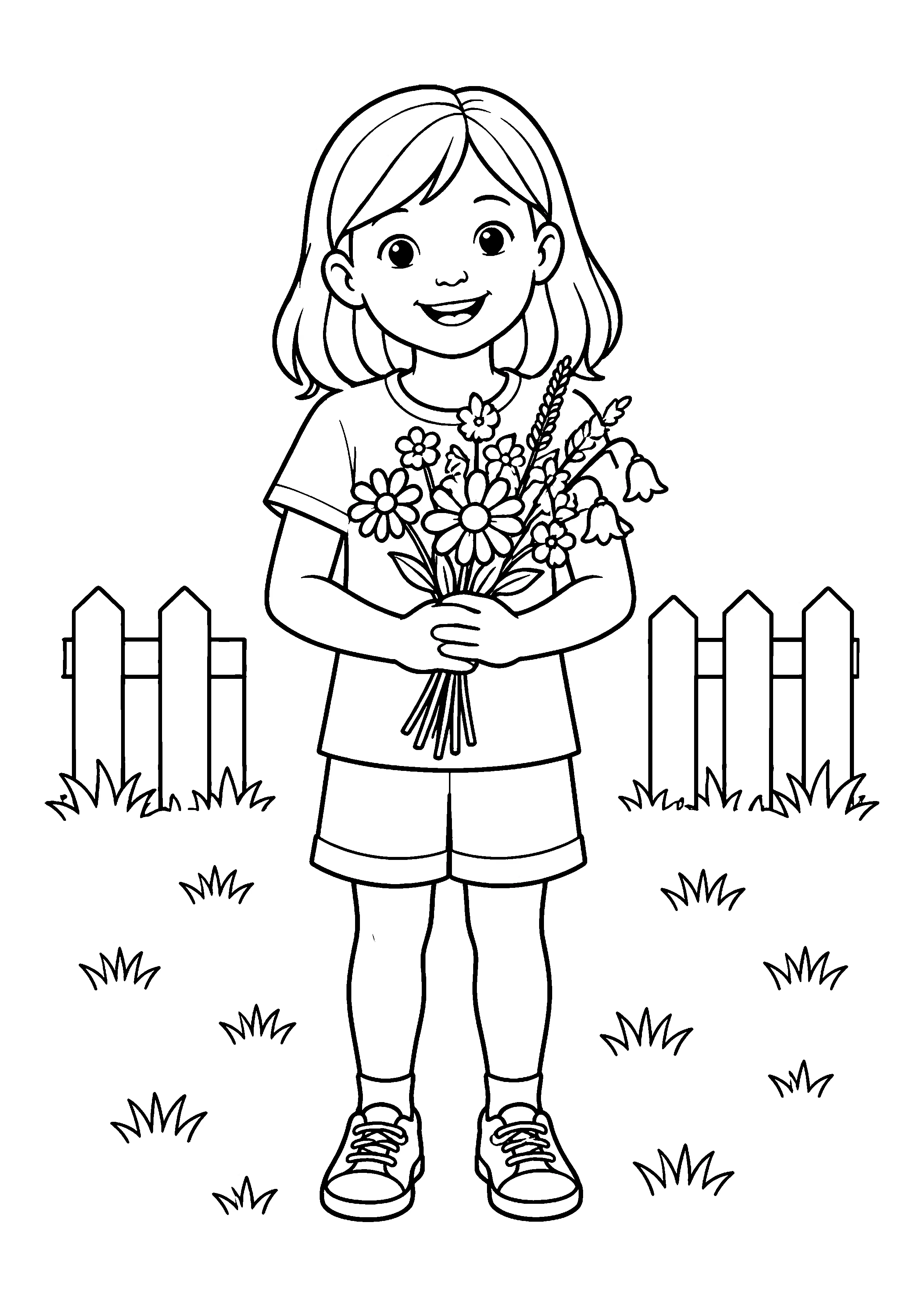 Child holding wildflower bouquet coloring page, printable line art