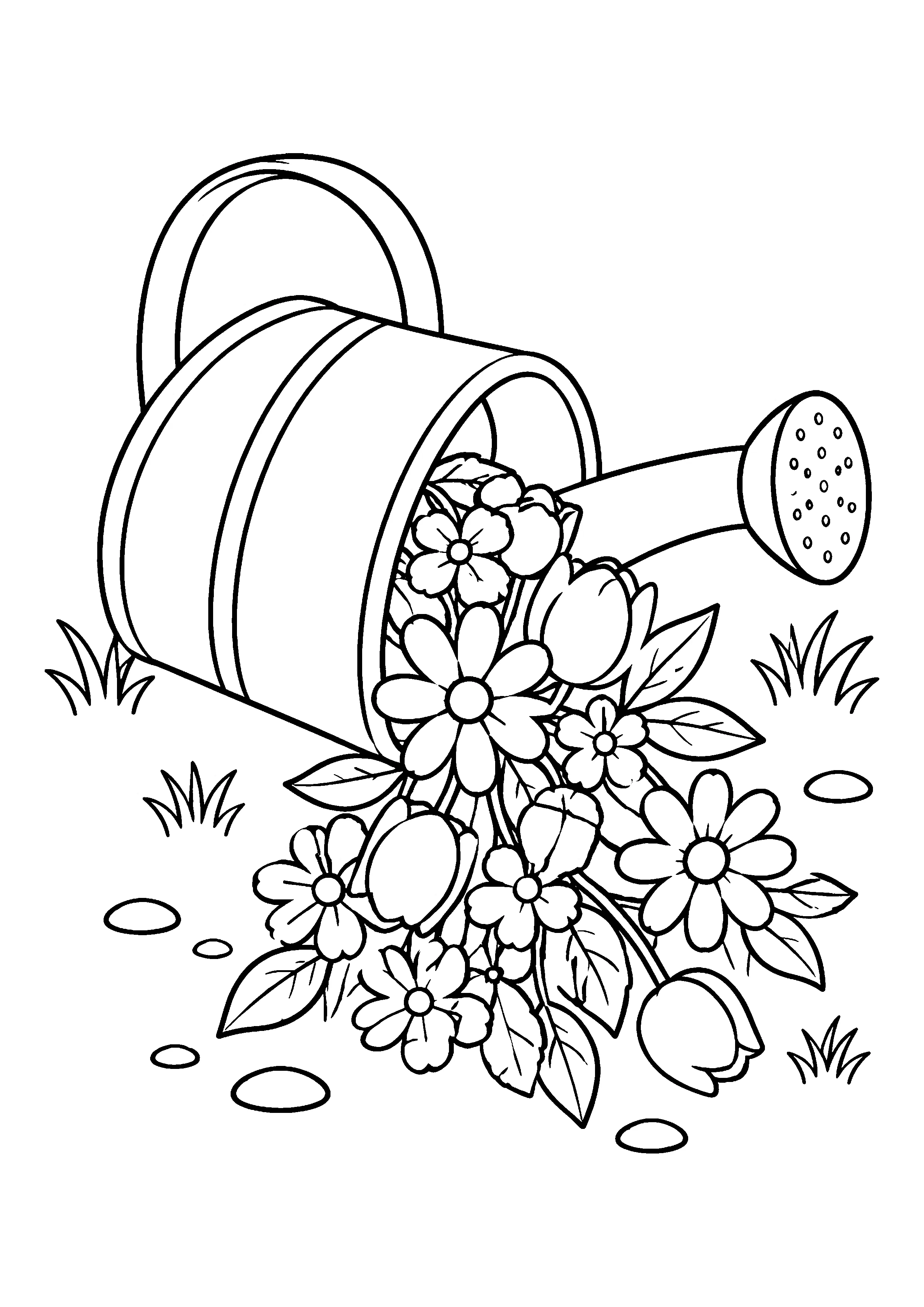 Watering can spilling flowers coloring page, printable line art
