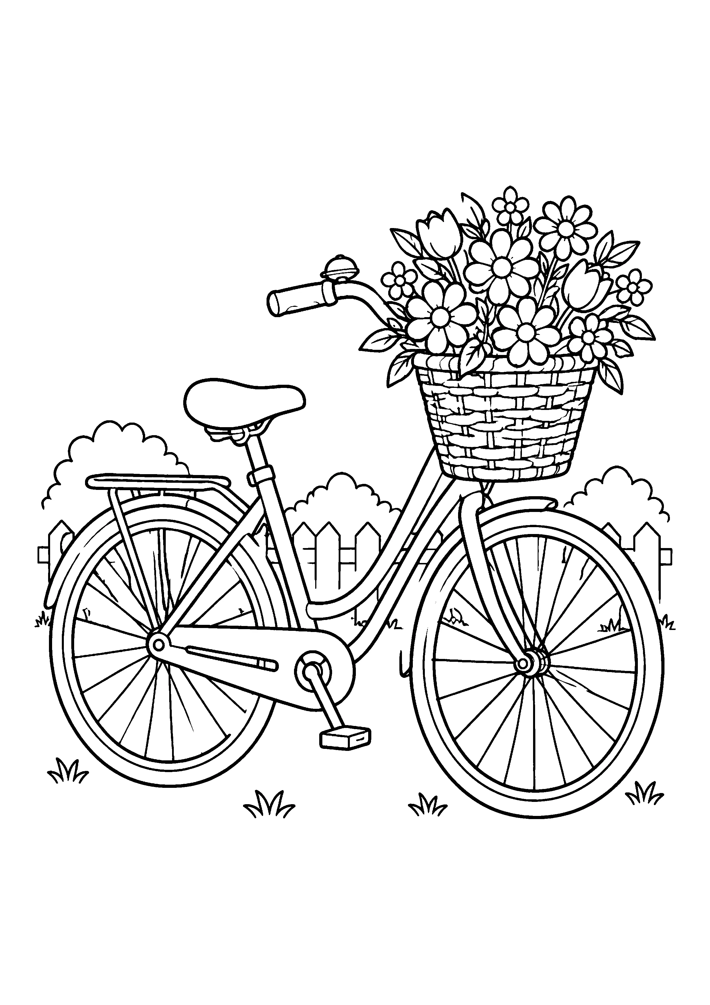 Bicycle with flower basket coloring page, printable line art