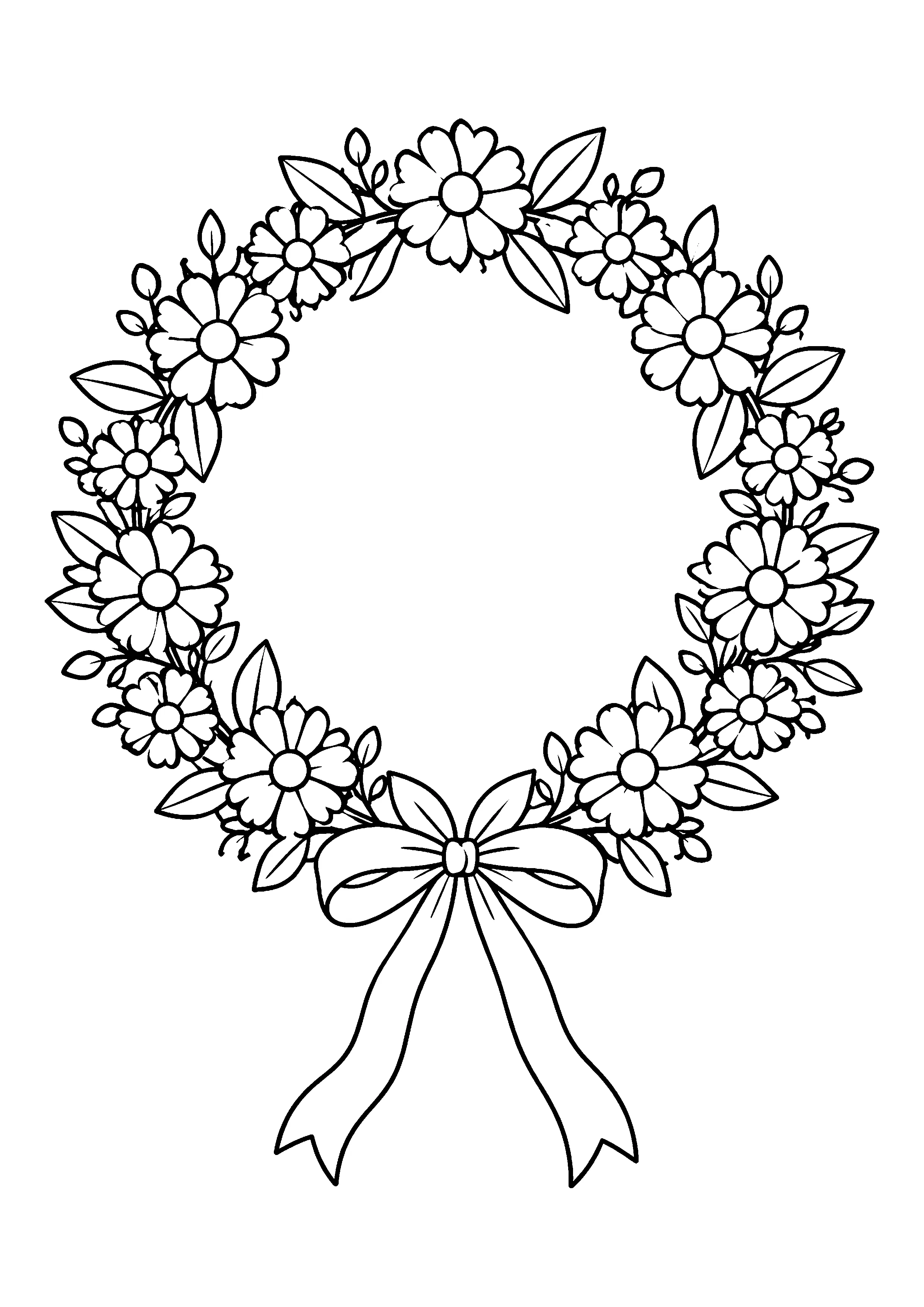 Daisy flower crown with ribbon coloring page, printable line art