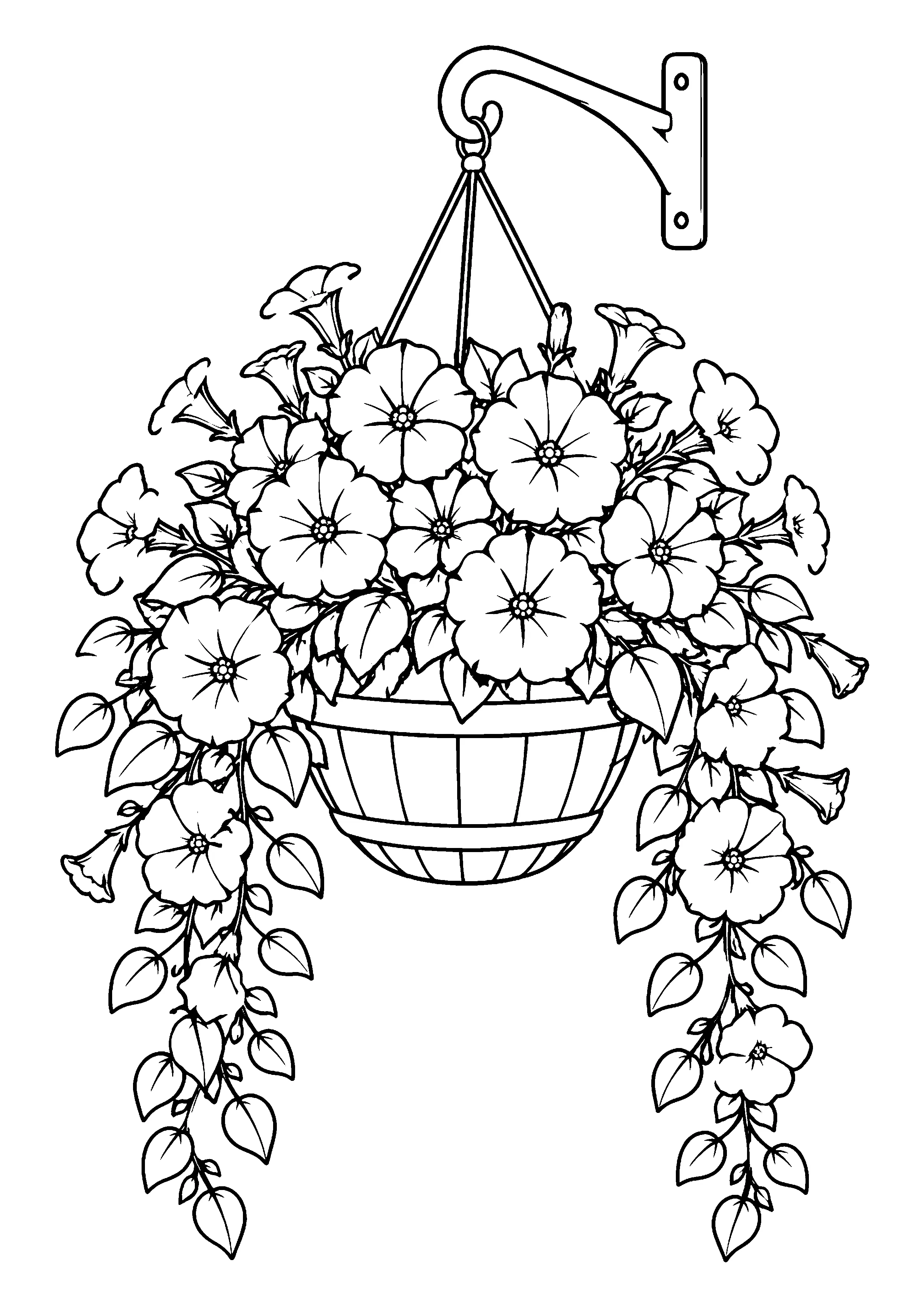 Hanging basket with petunias coloring page, printable line art
