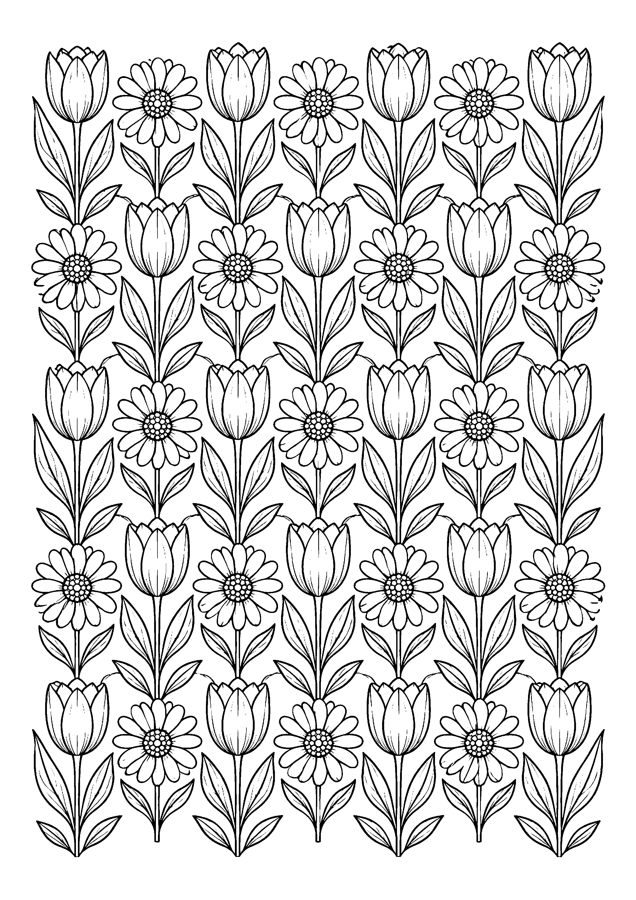Tulip and daisy pattern coloring page, printable line art