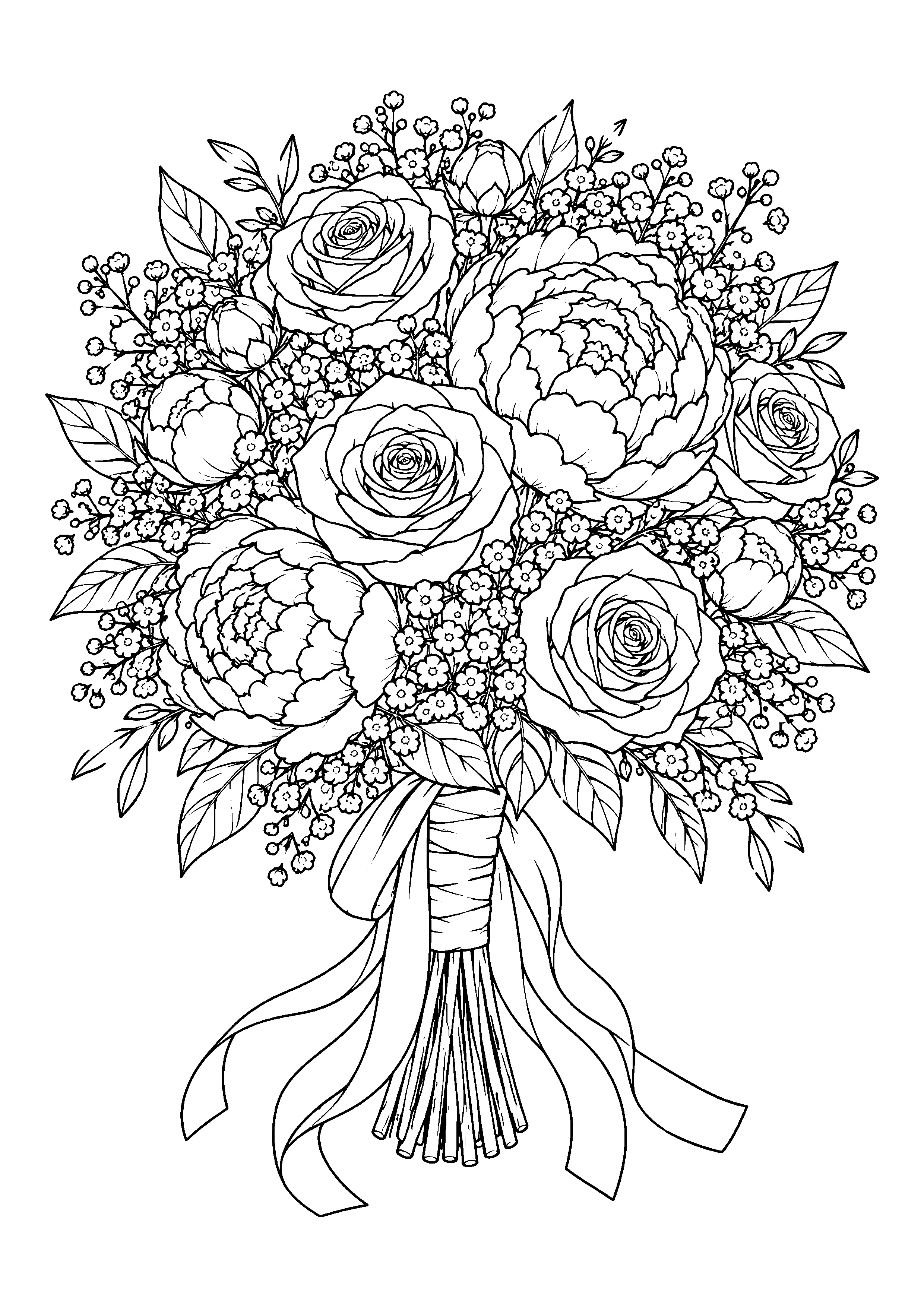 Bridal bouquet with roses and peonies coloring page, printable line art