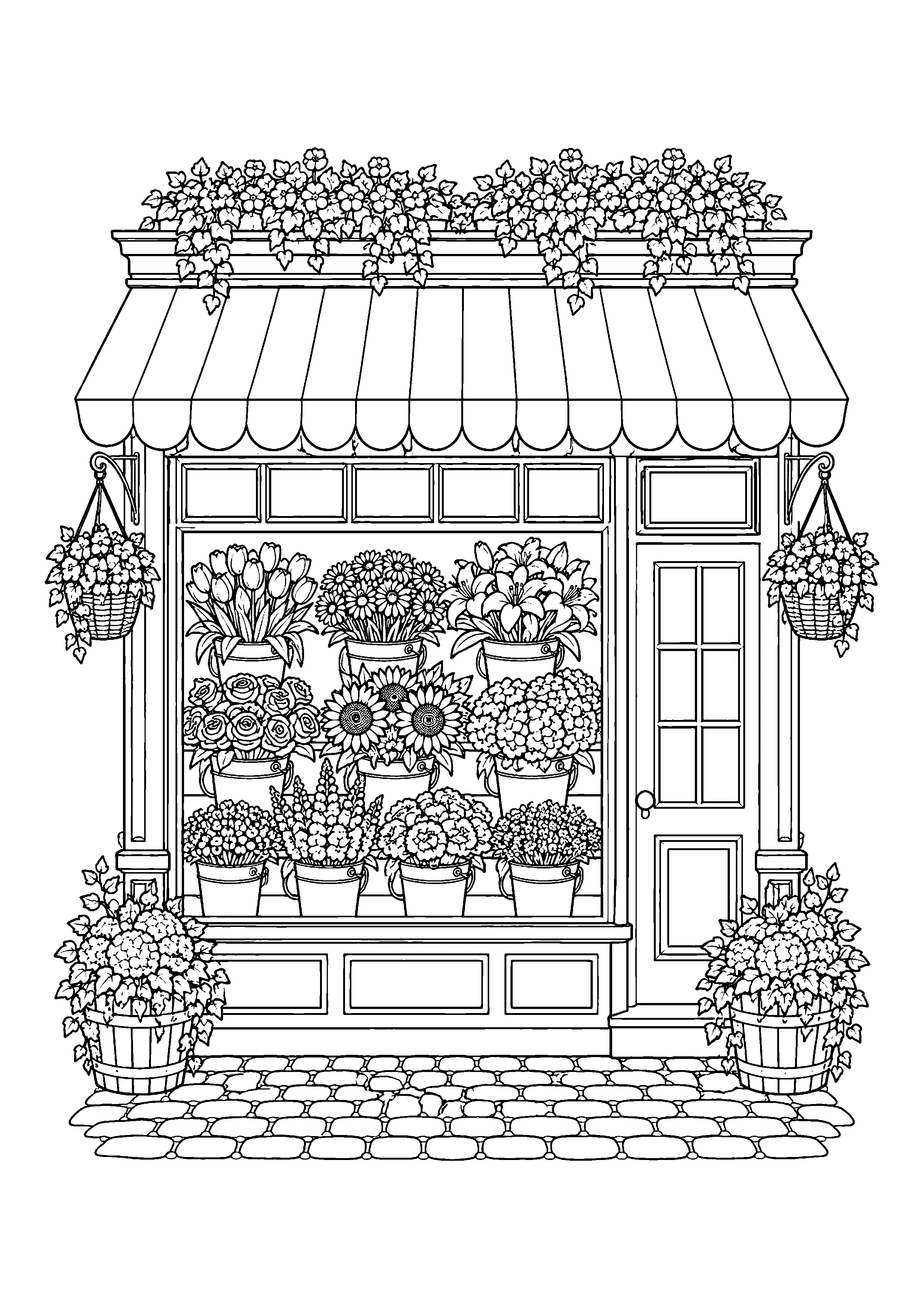 Flower shop storefront coloring page, printable line art