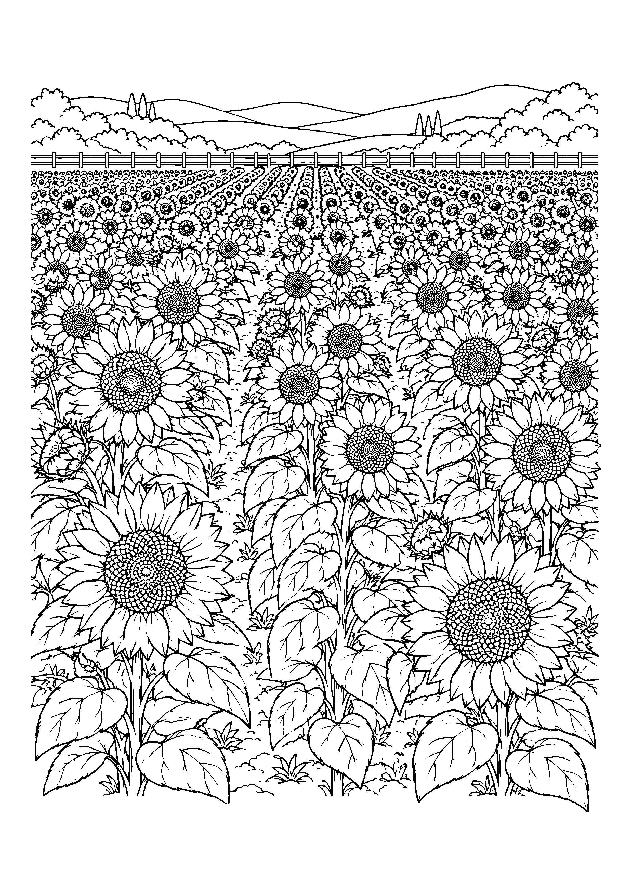 Sunflower field with fence coloring page, printable line art