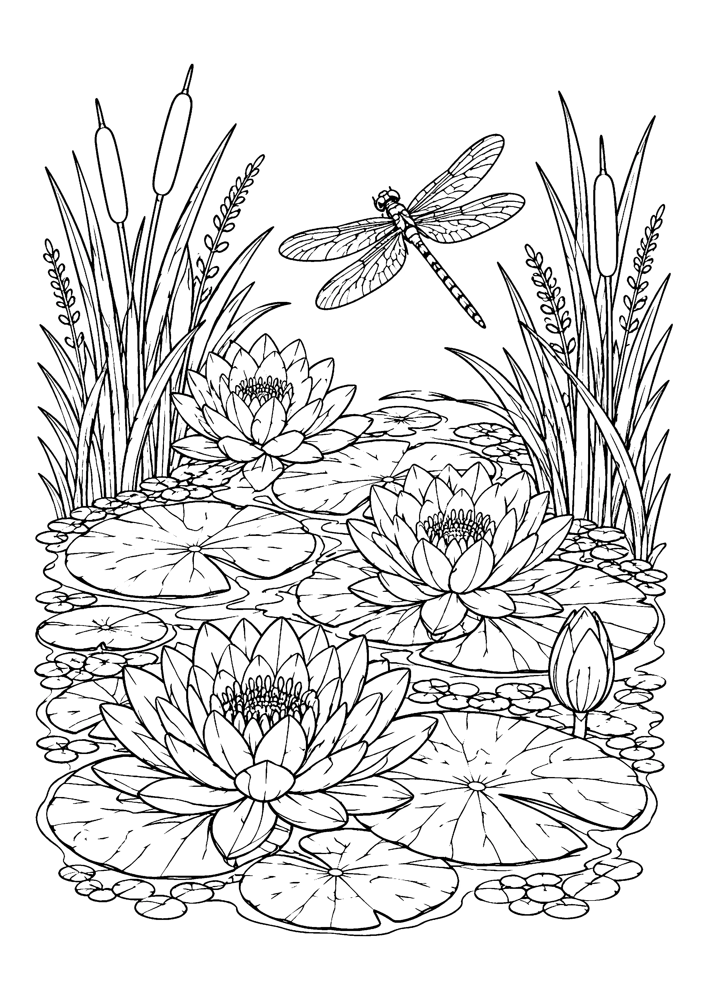 Water lilies with dragonfly coloring page, printable line art