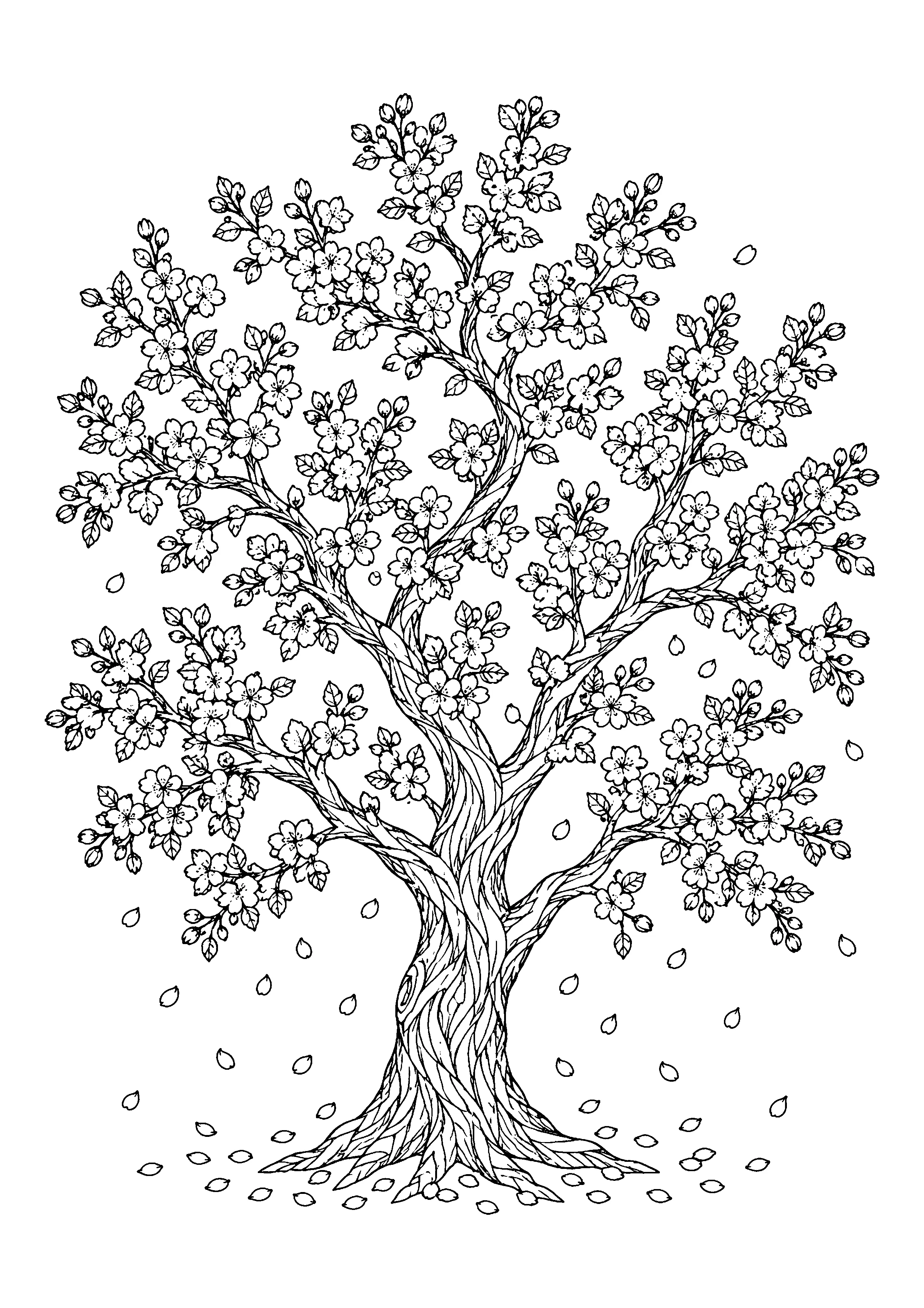 Blossoming cherry tree coloring page, printable line art