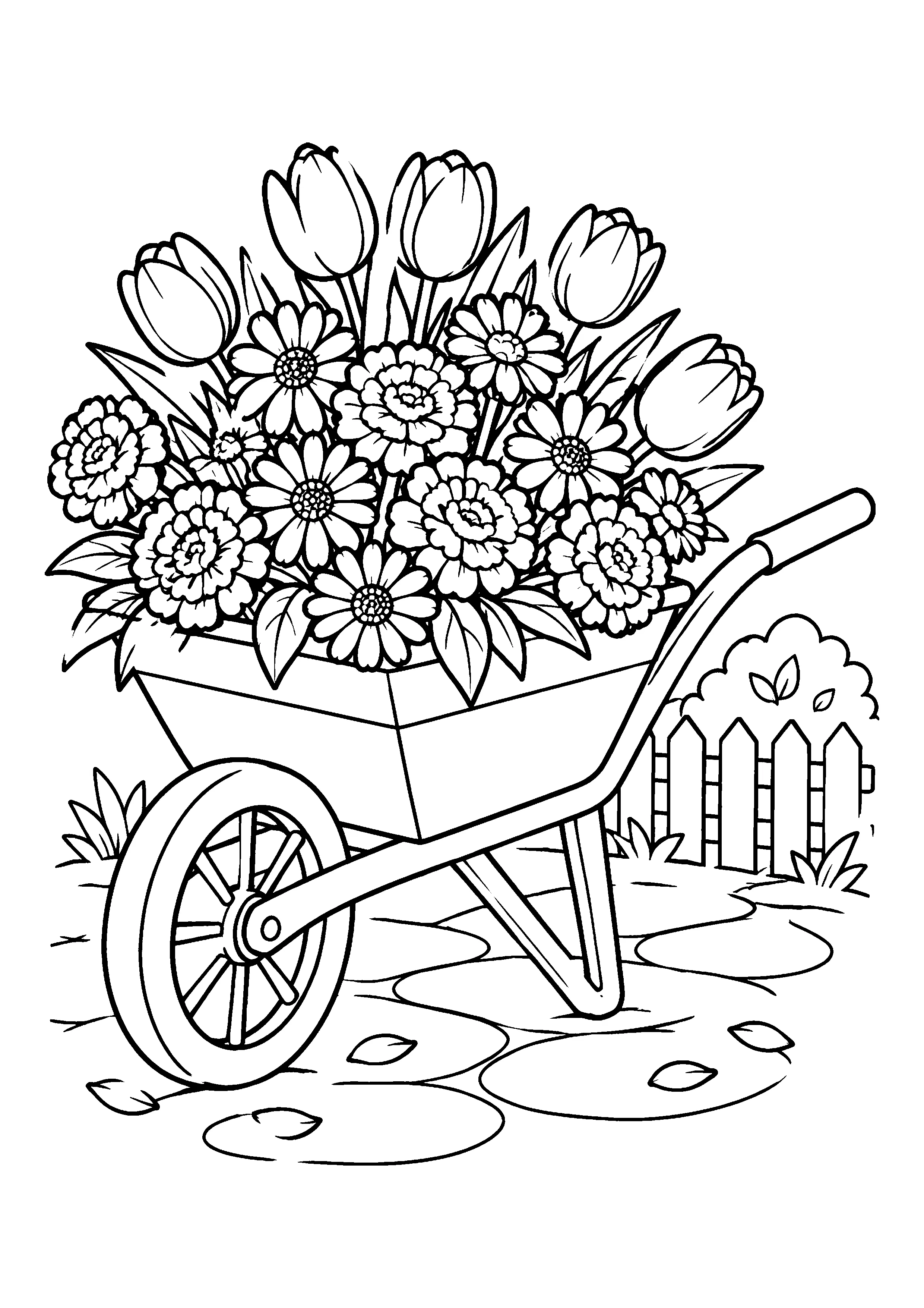 Wheelbarrow with blooming flowers coloring page, printable line art