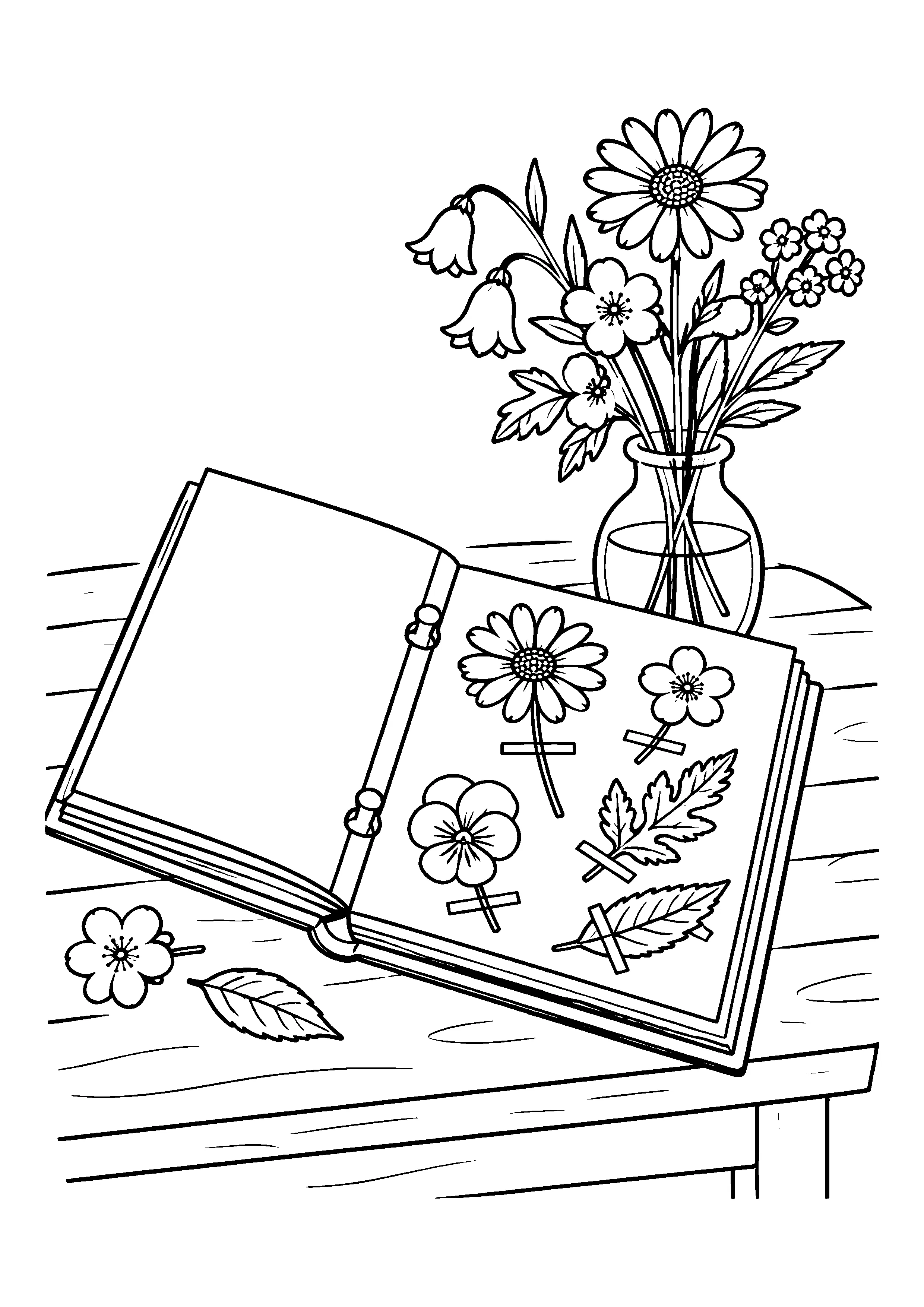 Flower press with vase coloring page, printable line art