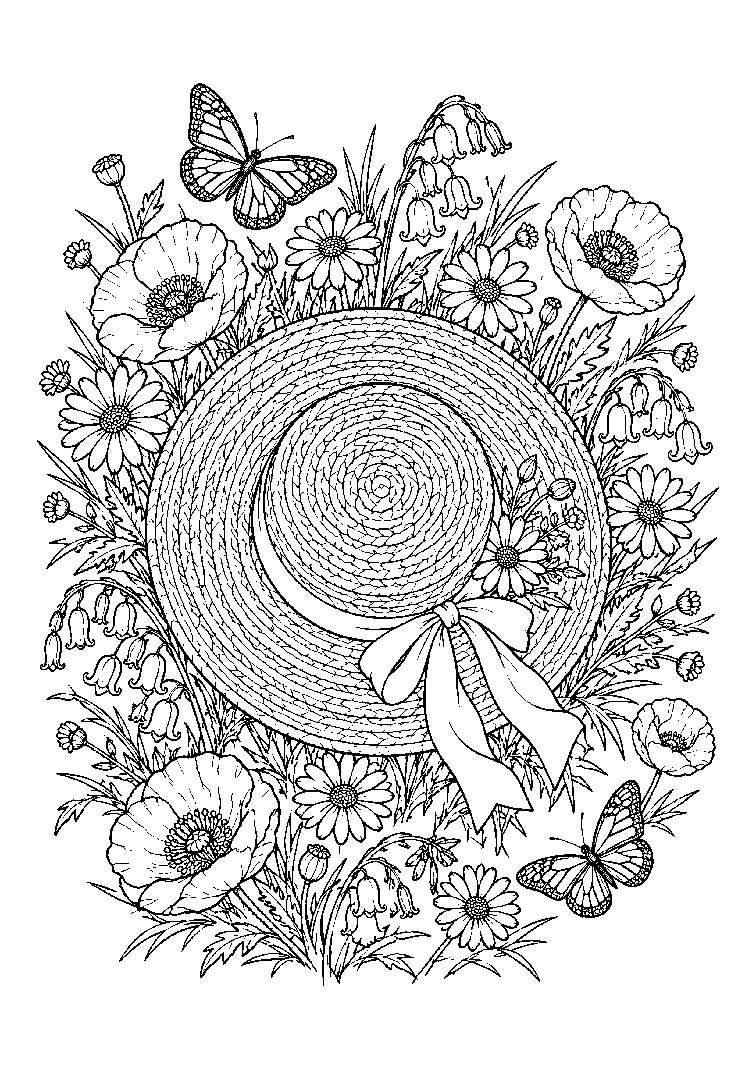 Straw sunhat with wildflowers coloring page, printable line art
