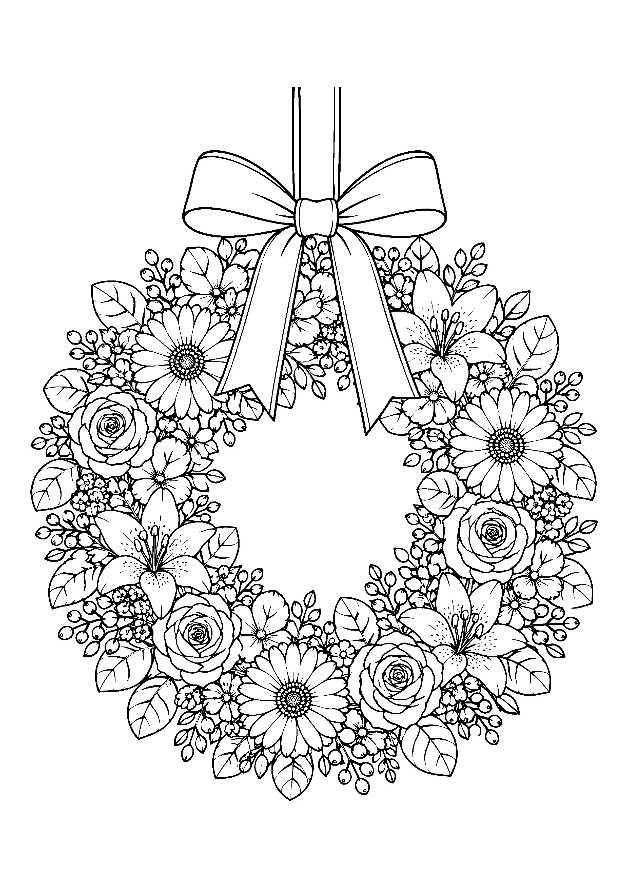 Flower wreath with ribbon coloring page, printable line art