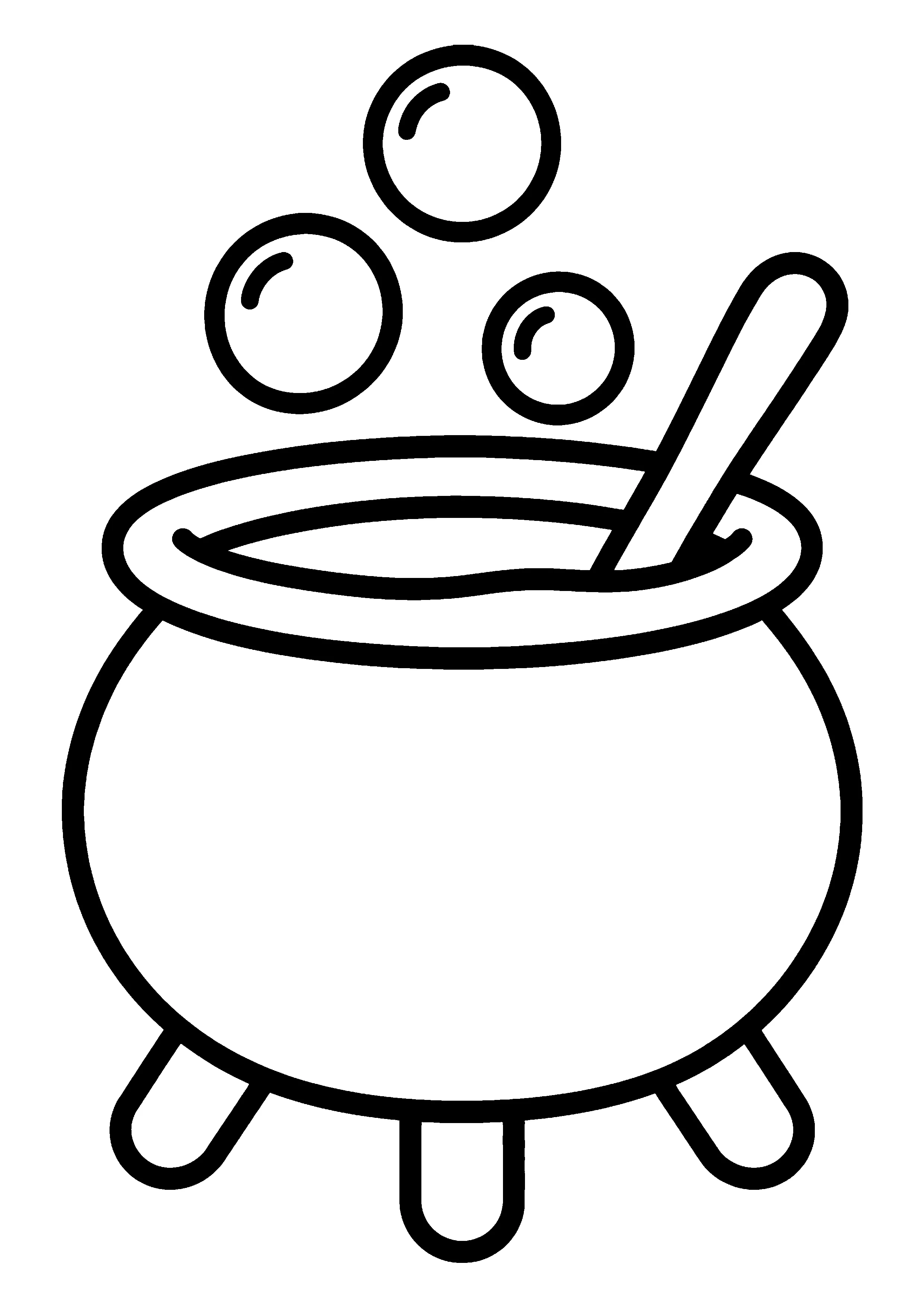 Bubbling cauldron with wooden spoon coloring page, printable line art