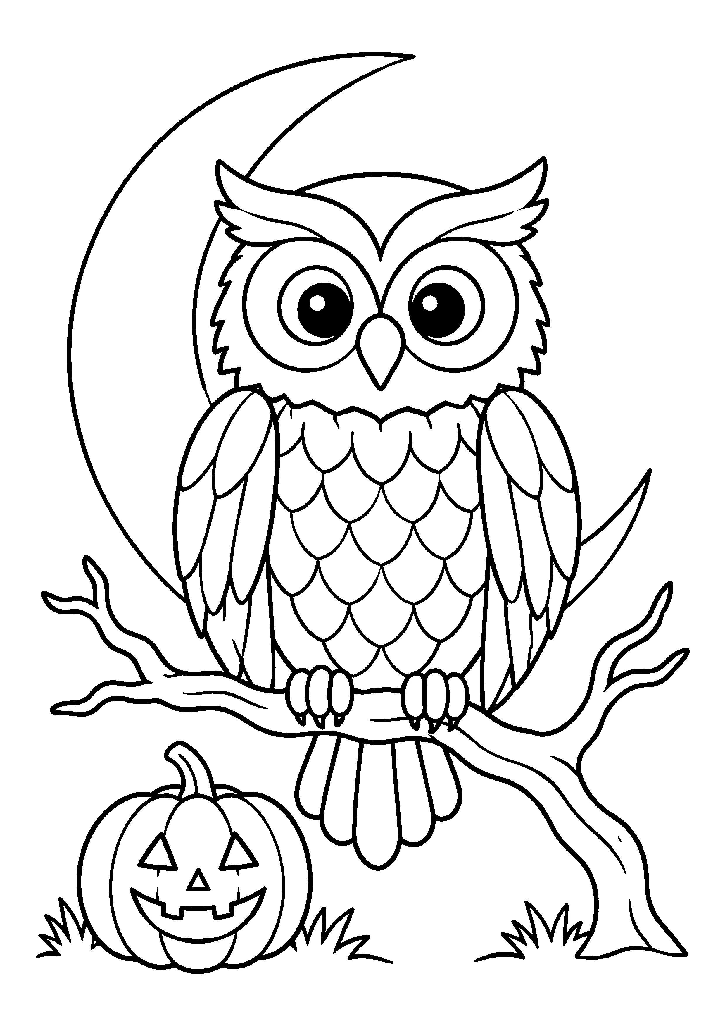 Owl with carved pumpkin coloring page, printable line art