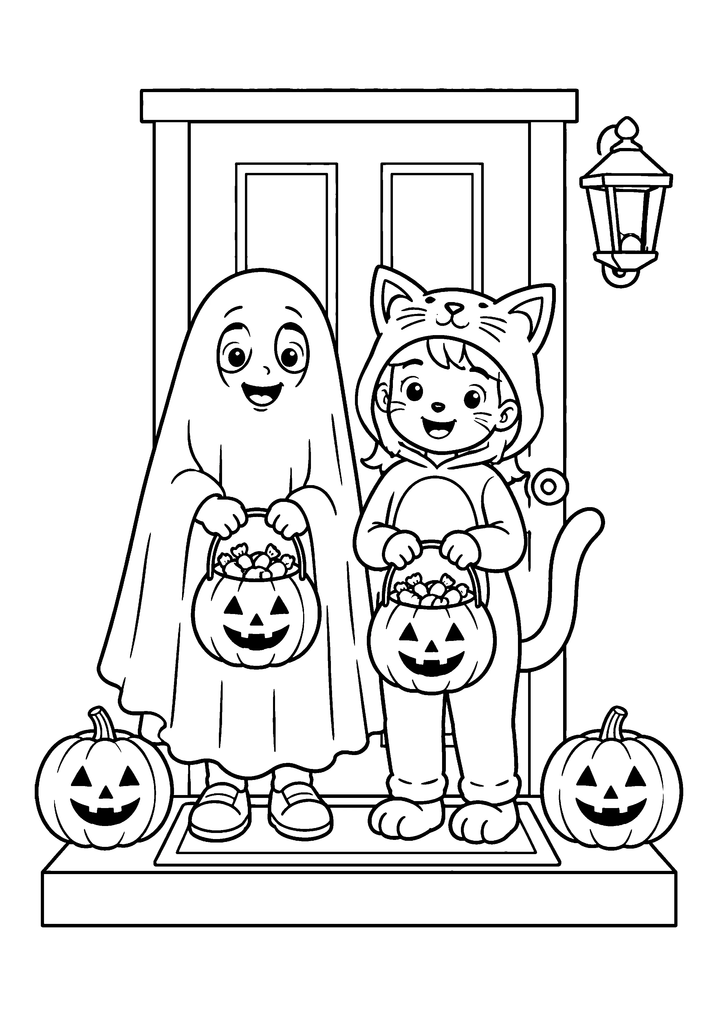 Ghost and cat trick-or-treaters coloring page, printable line art