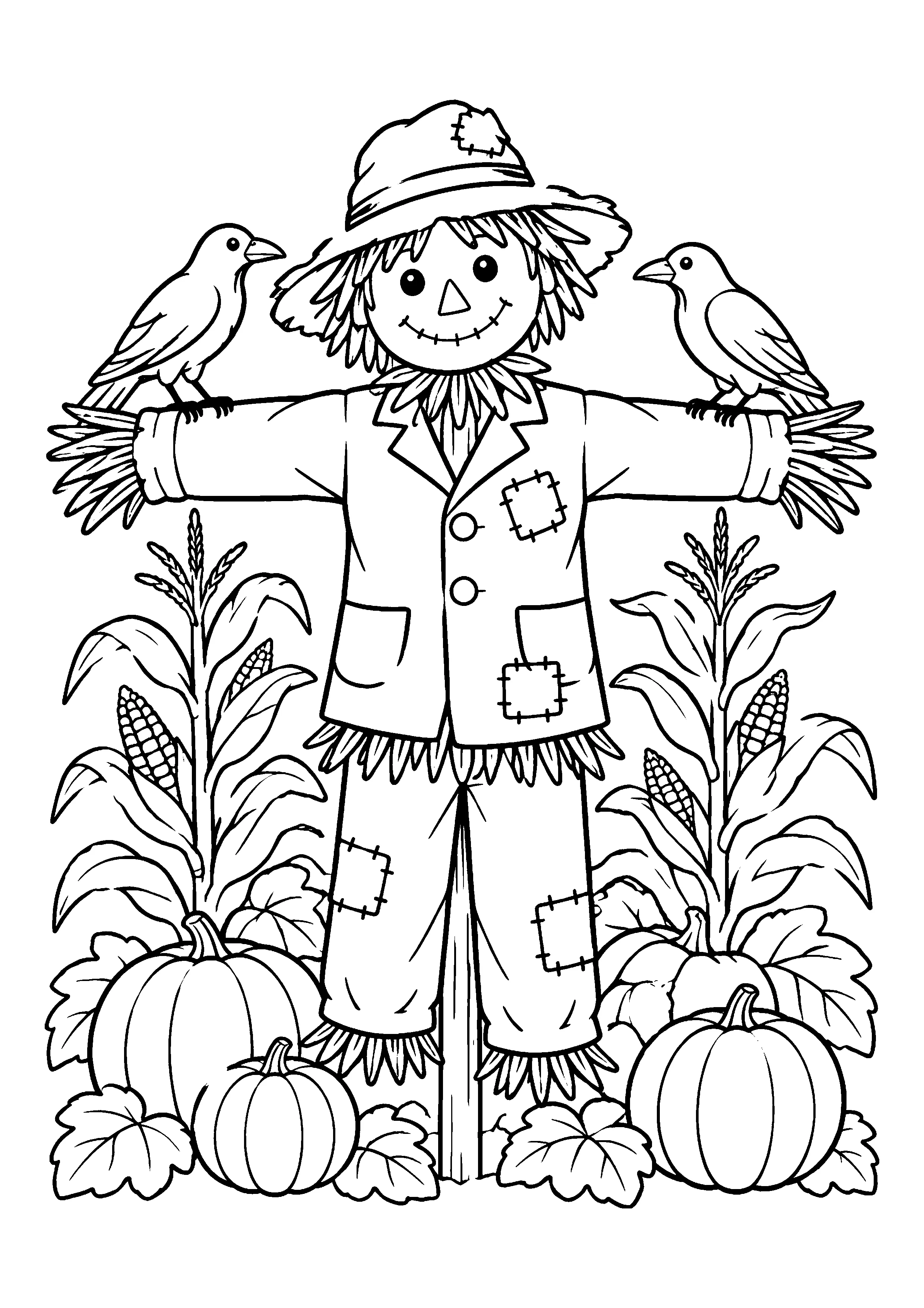 Scarecrow with two crows coloring page, printable line art