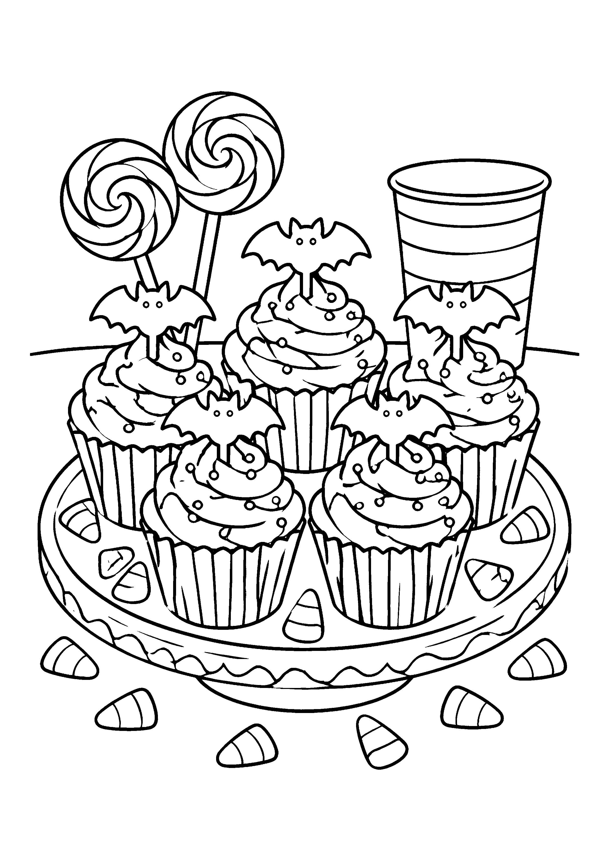 Cupcake party tray with bats coloring page, printable line art