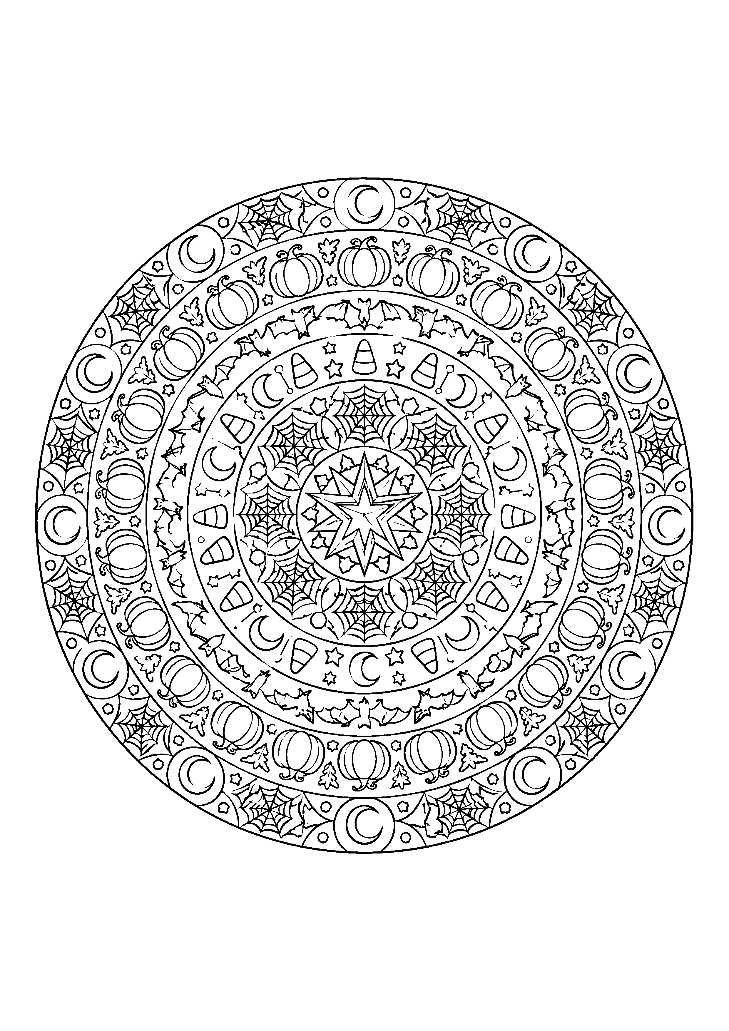 Halloween pumpkin bat mandala coloring page, printable line art