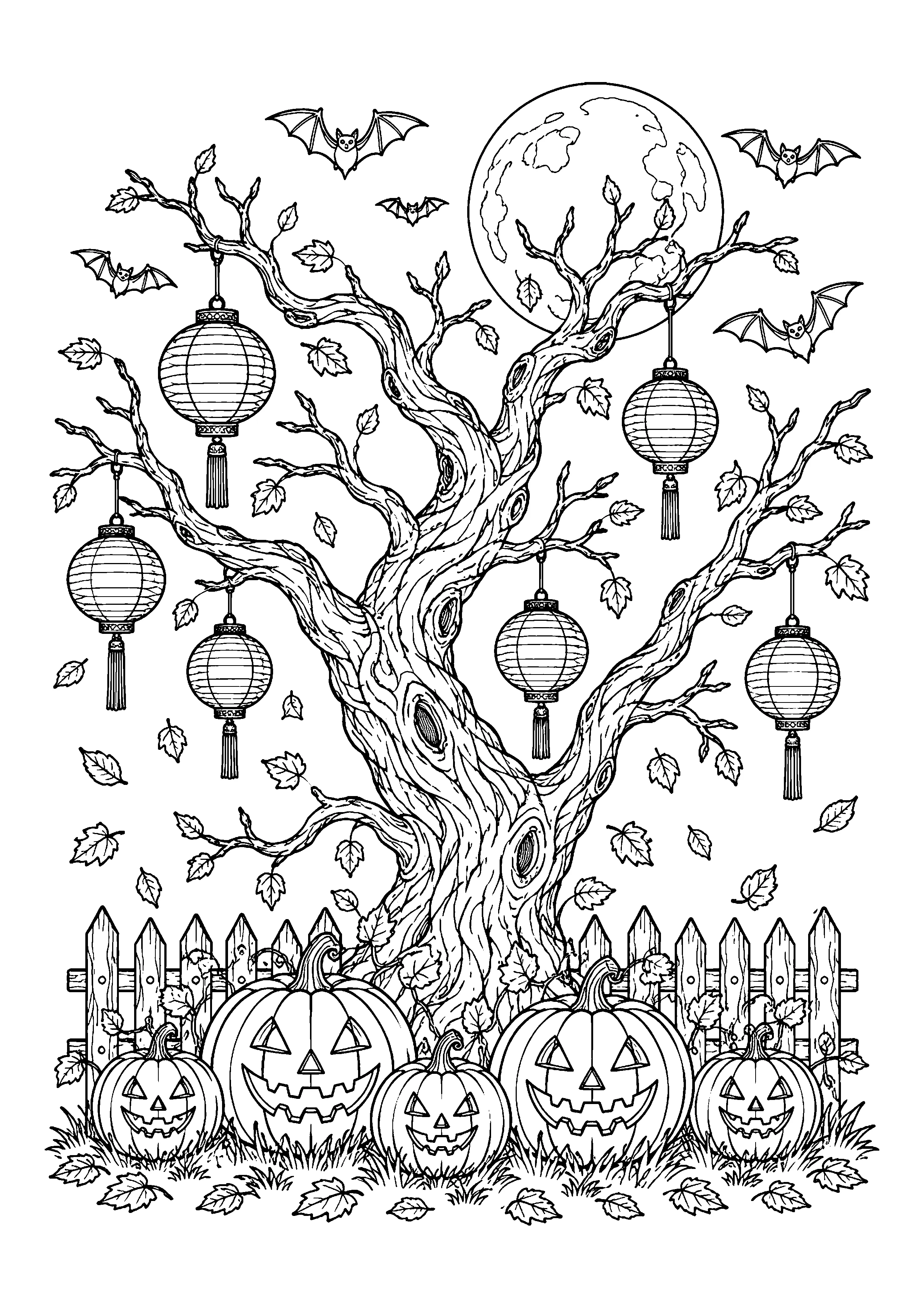 Lantern tree with pumpkins coloring page, printable line art