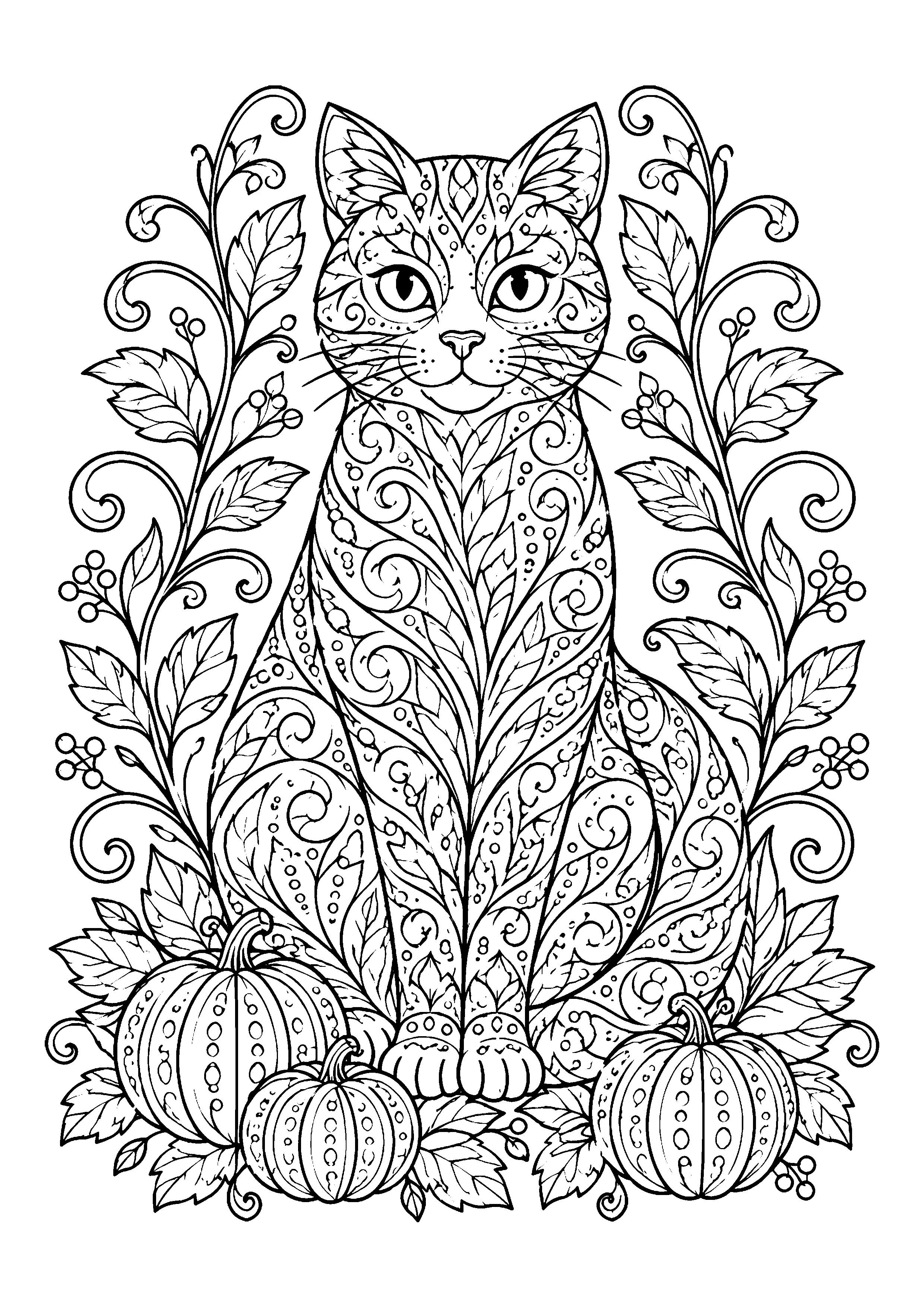 Cat with vines and pumpkins coloring page, printable line art