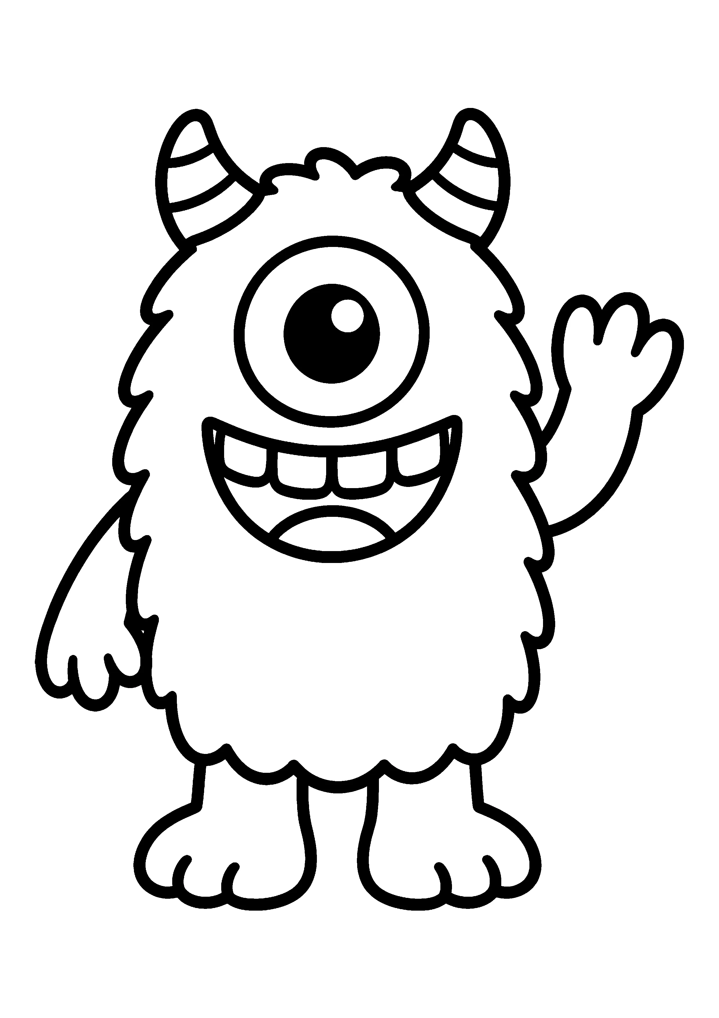 One-eyed fuzzy monster waving coloring page, printable line art