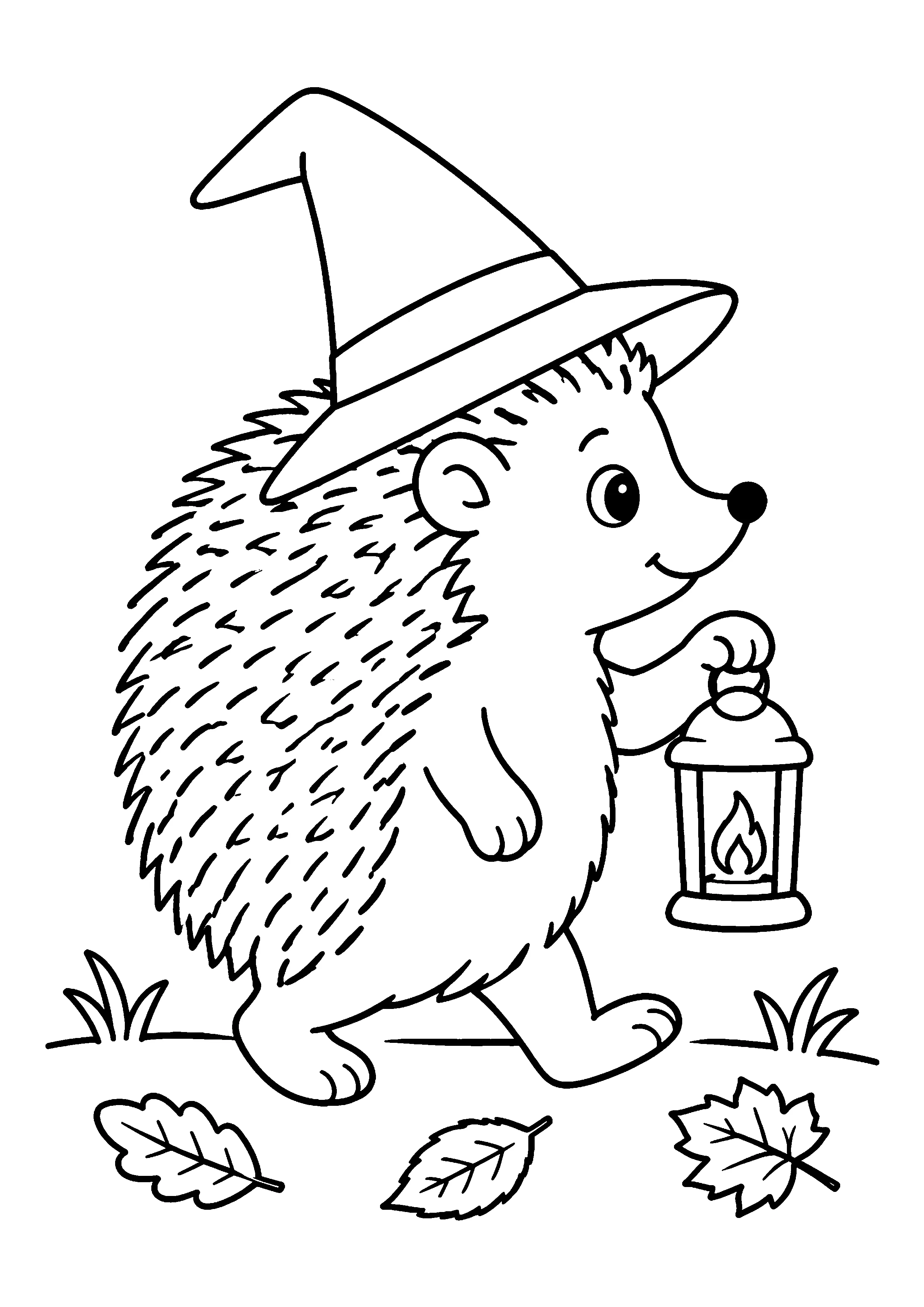 Hedgehog with lantern coloring page, printable line art