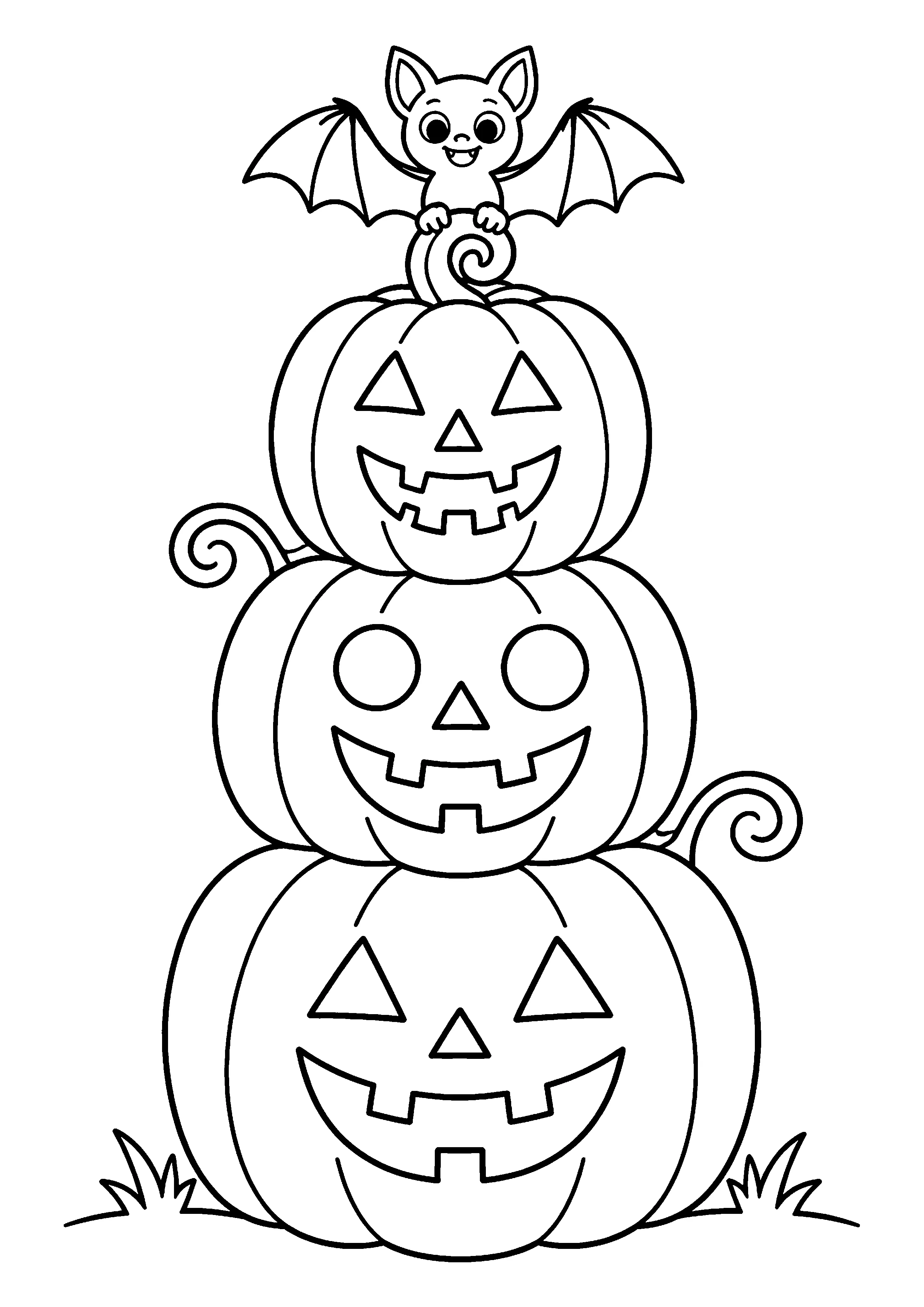 Stacked pumpkin tower with bat coloring page, printable line art
