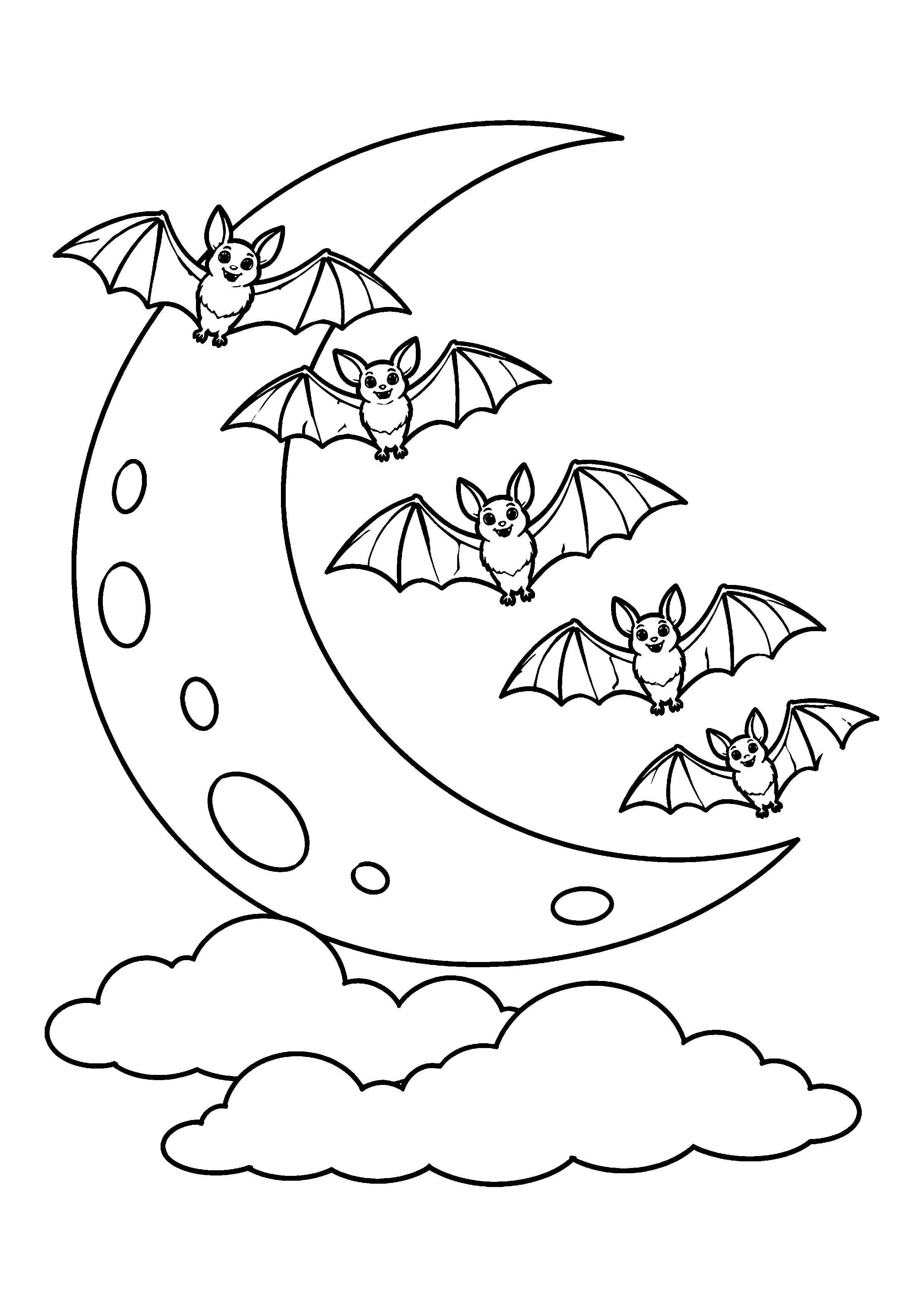 Five bats flying over crescent moon coloring page, printable line art